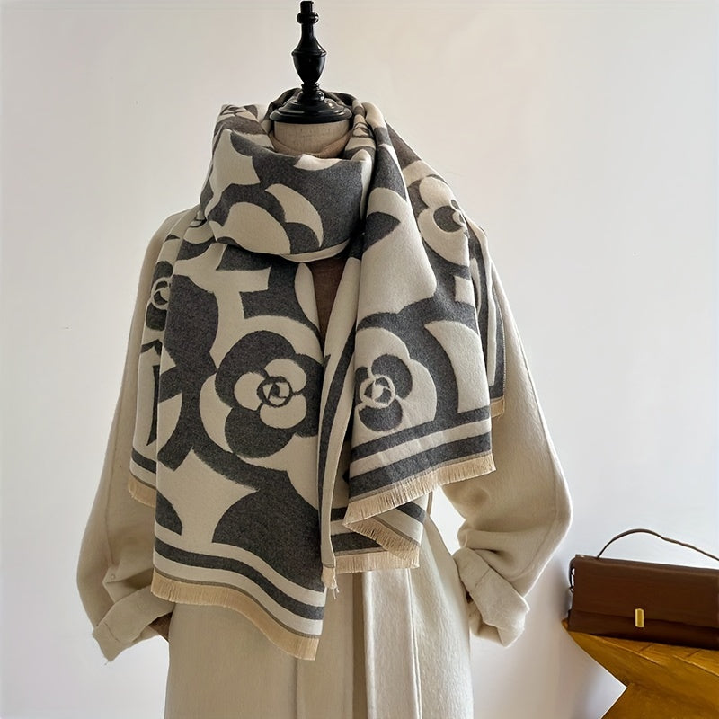 Winter Soft Warm Versatile Fringe Shawl Blanket Scarf - Fashion Scarves with Black and White Camellia Jacquard Pattern, Super Cozy, Lightweight, and Chic - Perfect for Cold Weather, Outdoor Activities, and Daily Wear