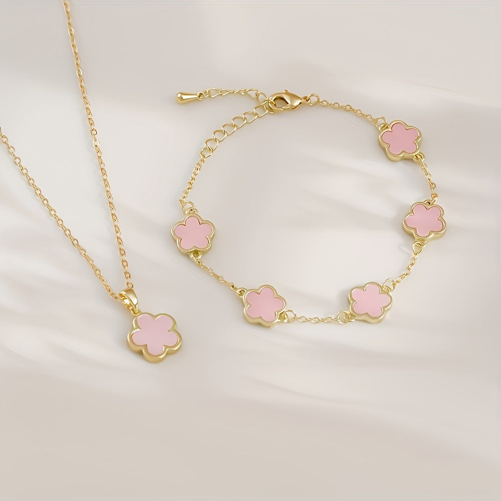 2-Piece Copper Jewelry Set - Gorgeous Five Petal Flower Necklace and Bracelet Combo - Perfect for Dates, Holidays, and Graduation Season Celebrations