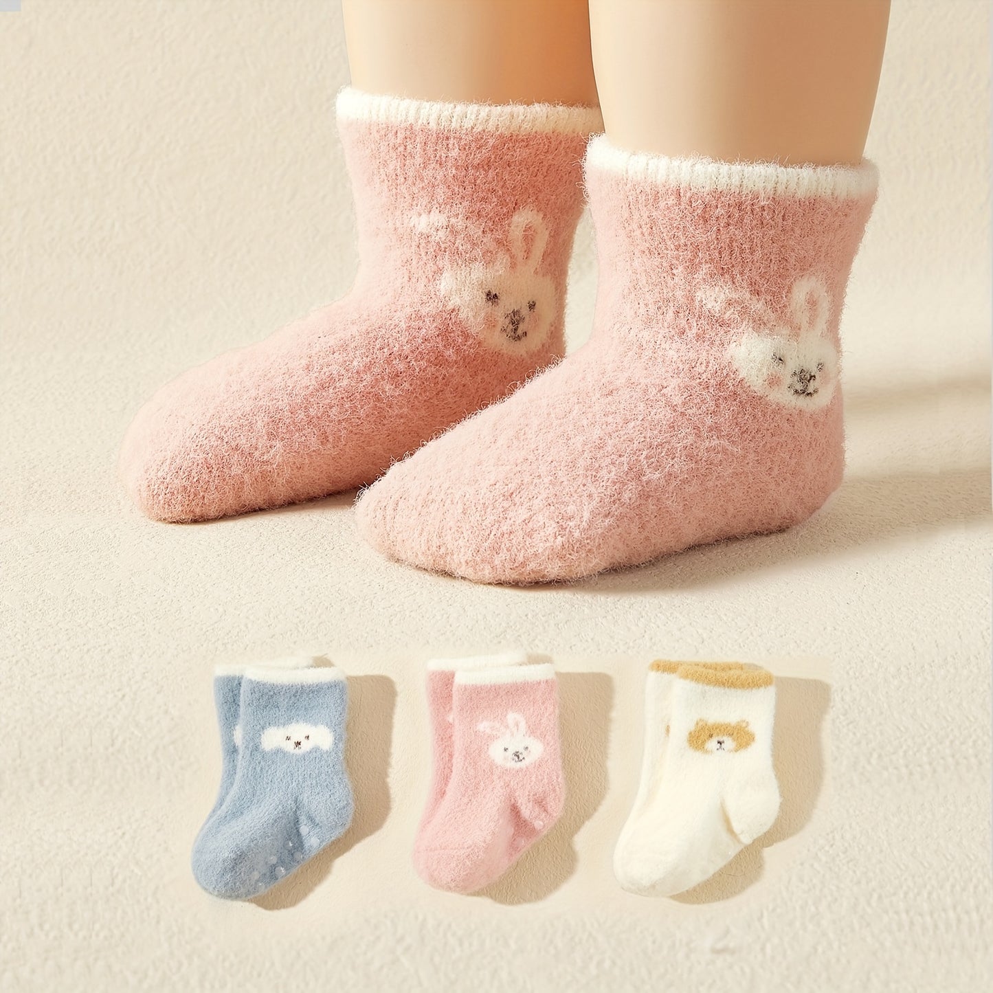 3pairs Baby Girls Cute Cartoon Rabbit Bear Dog Plush Non-slip Floor Socks Soft Comfortable Thermal Breathable Socks For Autumn And Winter