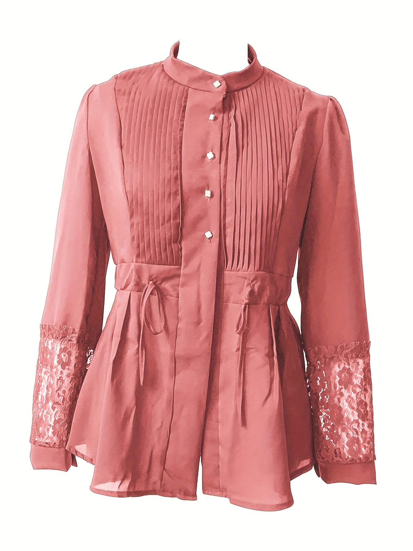 Elegant Lace Blouse - Long Sleeve, Mock Neck, Pleated Contrast Design, Women's Clothing for Chic Style