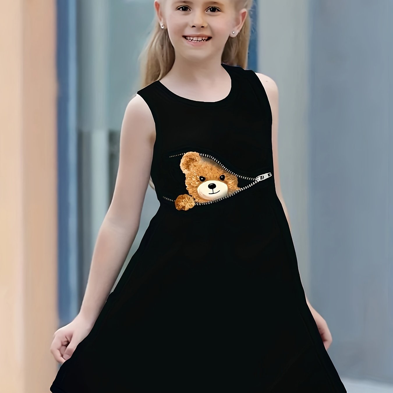 3D Zipper Bear Graphic Midi Dress for Girls - Sleeveless, Crew Neck, Fit and Flare, Slight Stretch, Machine Washable, Cartoon Pattern, Ideal for Casual Outings, Party, Holiday - Polyester, Knee High, Summer Dress