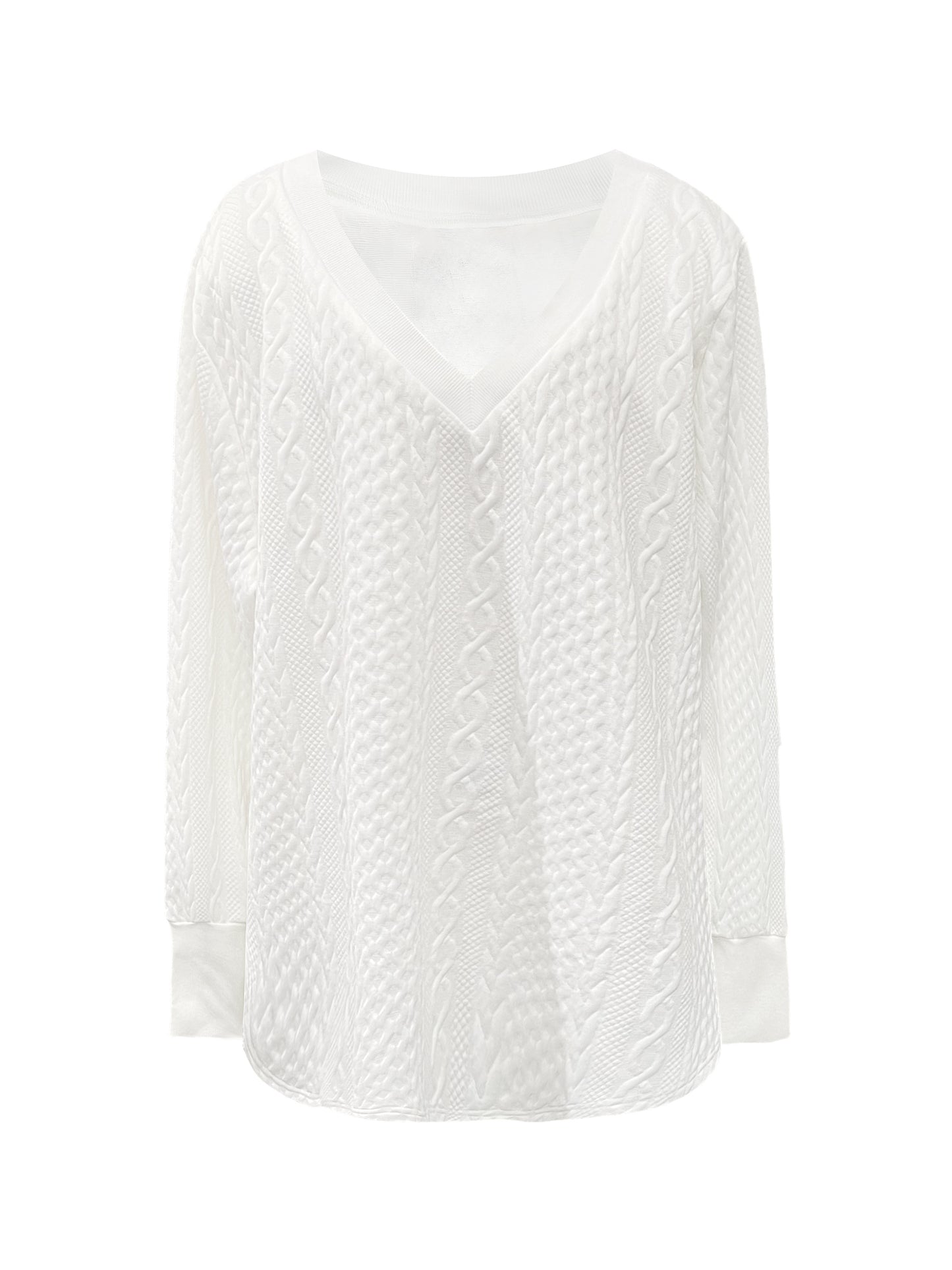 ZllKl Plus Size Casual Sweatshirt, Women's Plus Solid Cable Textured Long Sleeve V Neck Slight Stretch Pullover Top
