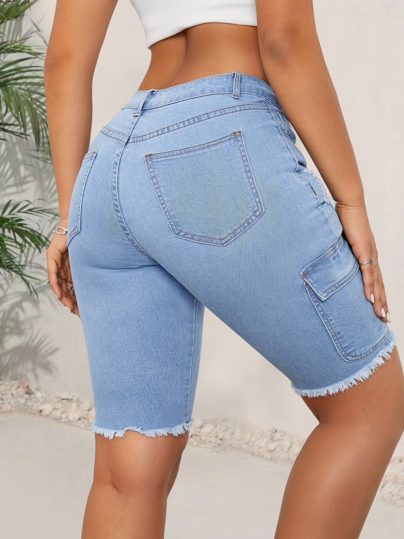 ZllKl Women's High-Waist Elastic Denim Bermuda Shorts, Blue Fashion Utility Pocket, Street Style, Frayed Hem