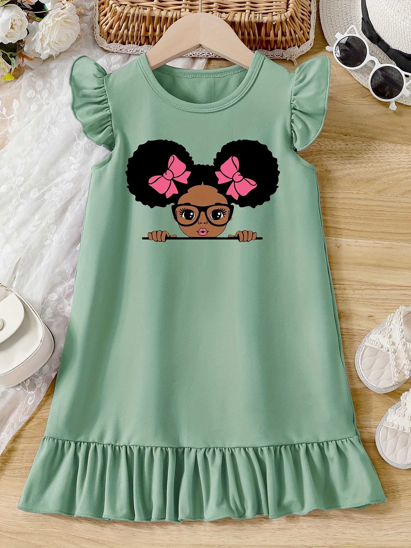 Girls Cartoon Graphic Knitted Ruffle Hem Flying Sleeve Dress - Soft, Slight Stretch, Regular Fit, Alphabets Pattern, Machine Washable, Perfect for Summer Casual Wear
