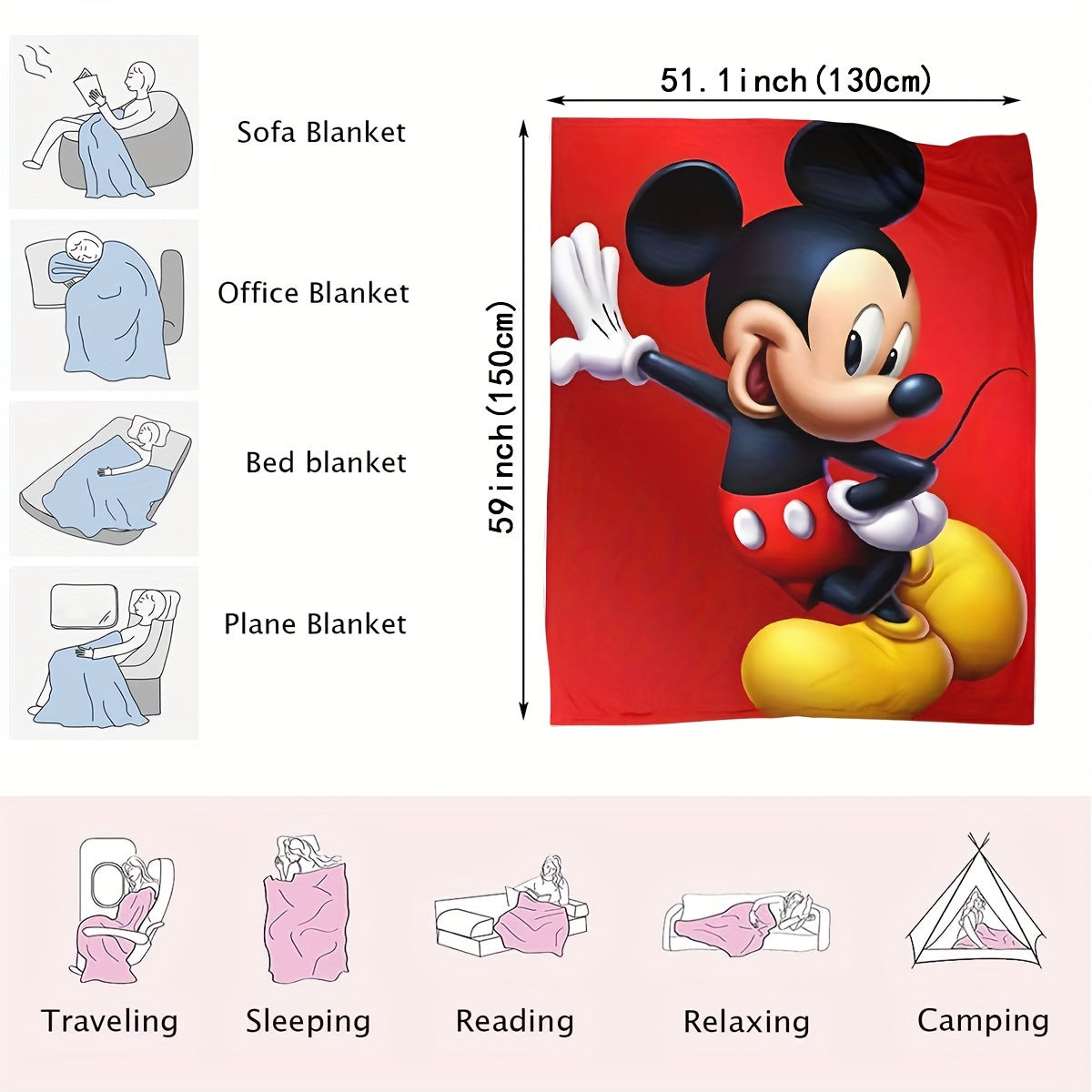 UME Mickey Mouse Flannel Throw Blanket - Soft, Warm & Cozy for Couch, Bed, Travel, Camping | All-Season Comfort