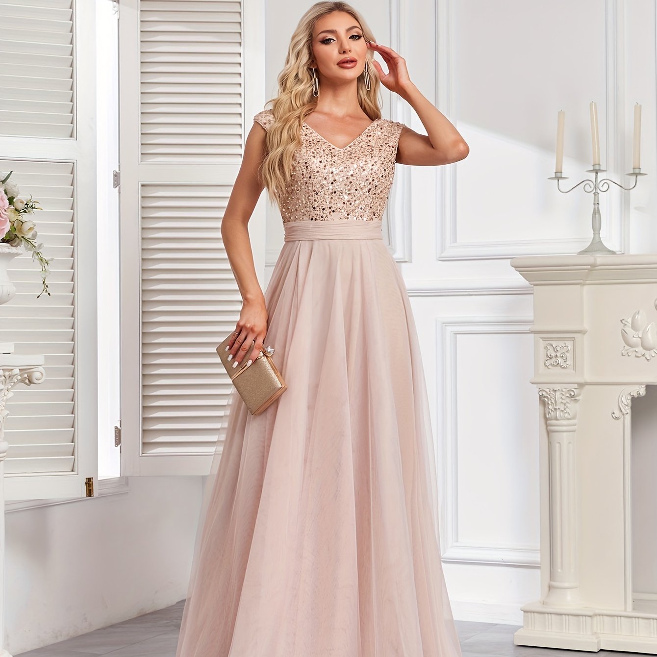 Long Sleeveless Elegant A-line Floor Length Sequin V-neck Formal Dress for Women - Shining Contrast Sequin Details, Micro Elasticity, and Loose Silhouette - Polyester Material, Hand Wash, and Perfect for Party & Banquet