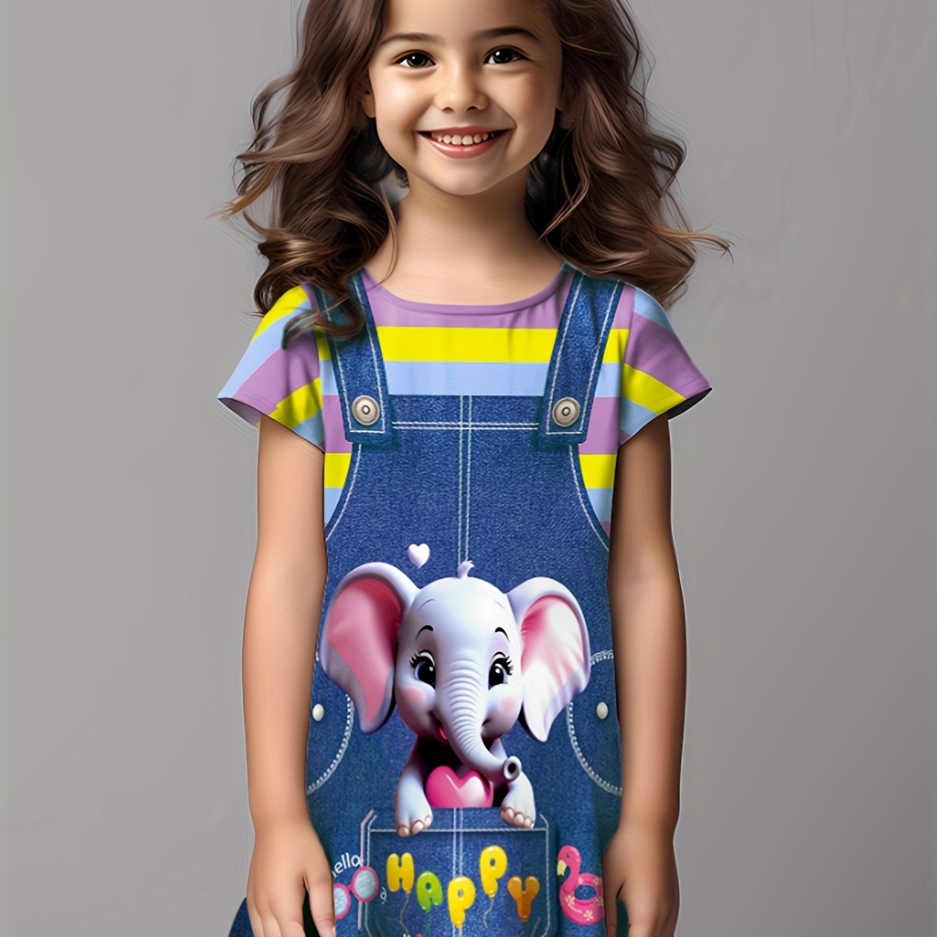Girls Adorable 3D Elephant Print Striped Dress - Fashionable & Comfortable Crew Neck Summer Wear for Parties & Gifts