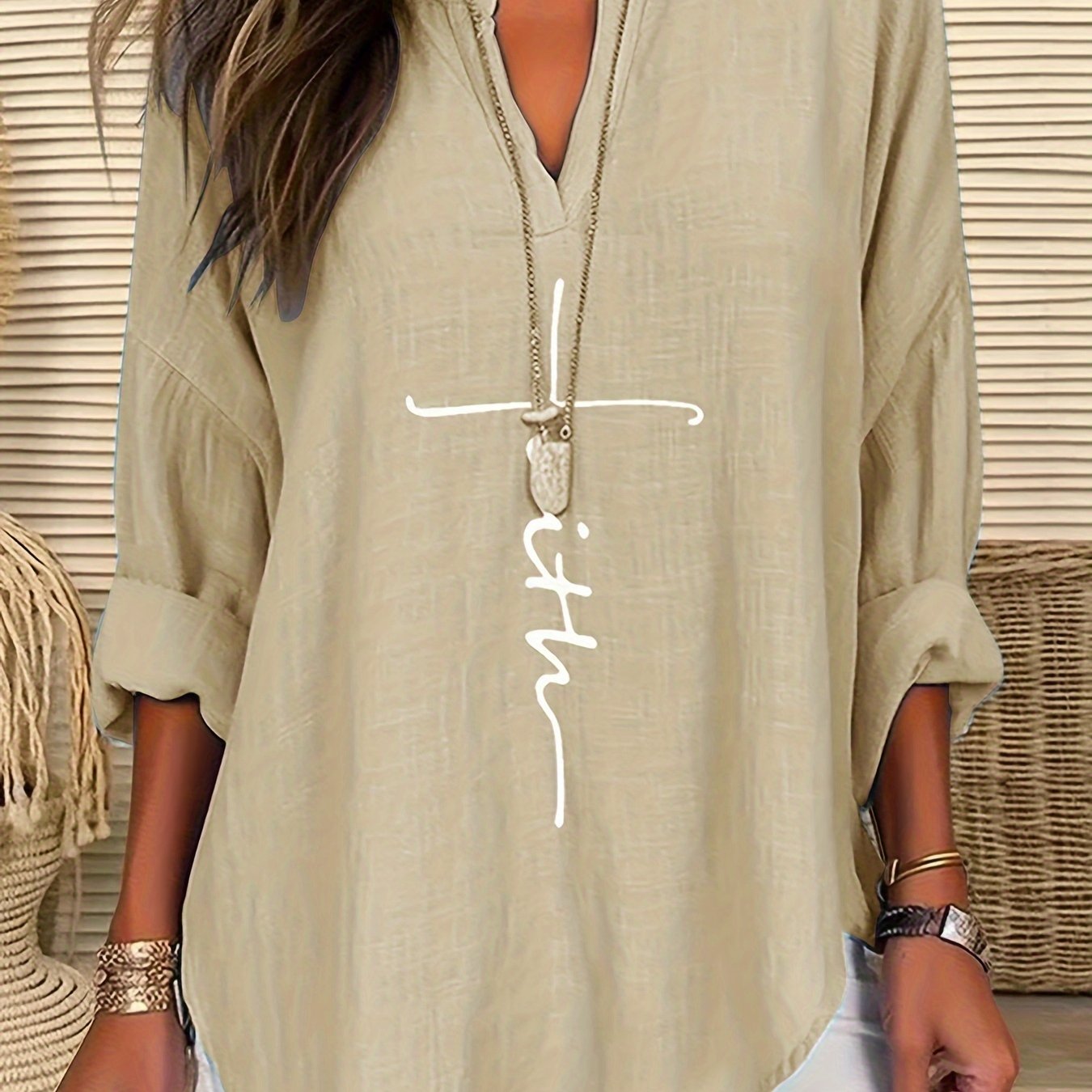 ZllKl Letter Print Notch Neck Blouse, Casual Long Sleeve Blouse For Spring & Fall, Women's Clothing