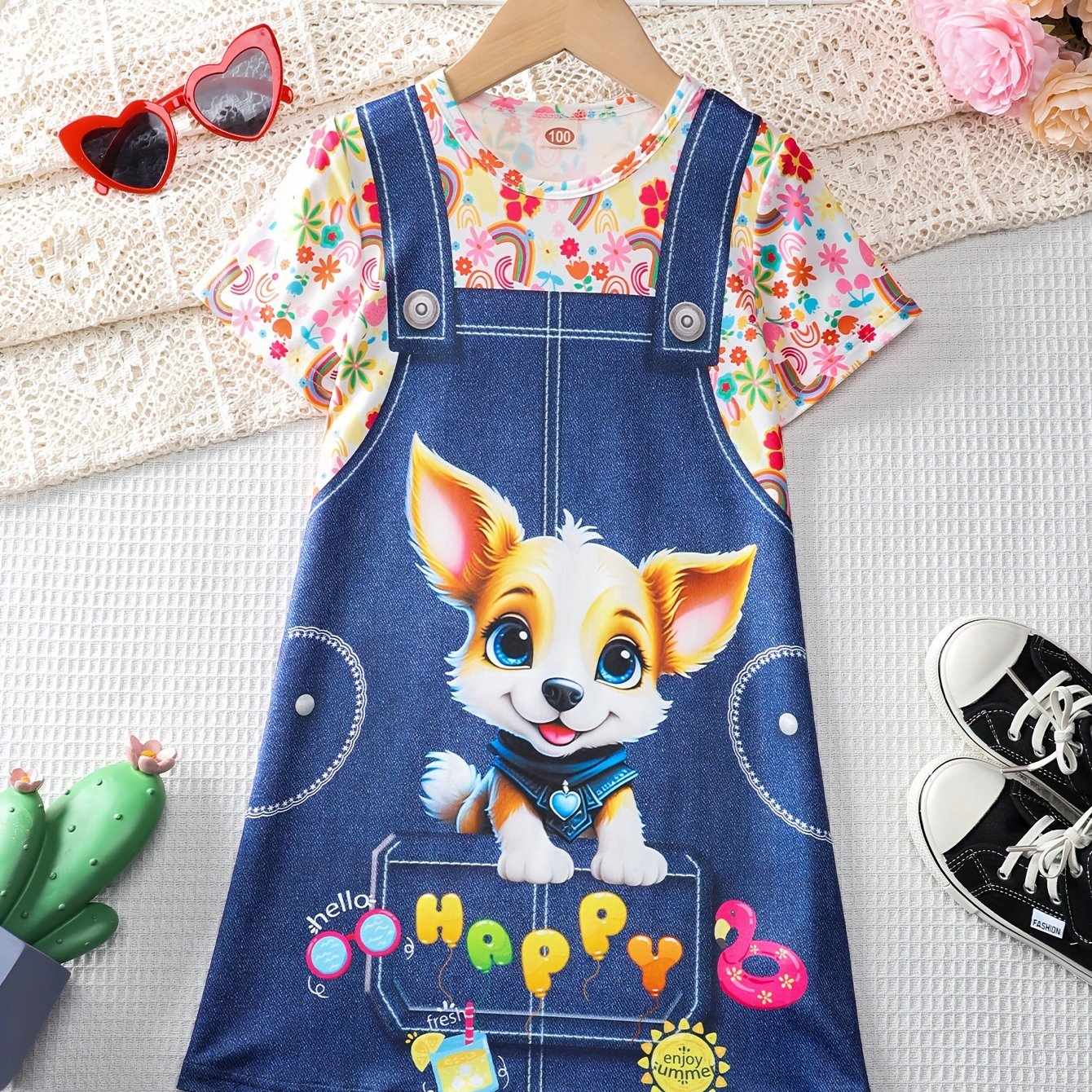 Girls Adorable 3D Elephant Print Striped Dress - Fashionable & Comfortable Crew Neck Summer Wear for Parties & Gifts