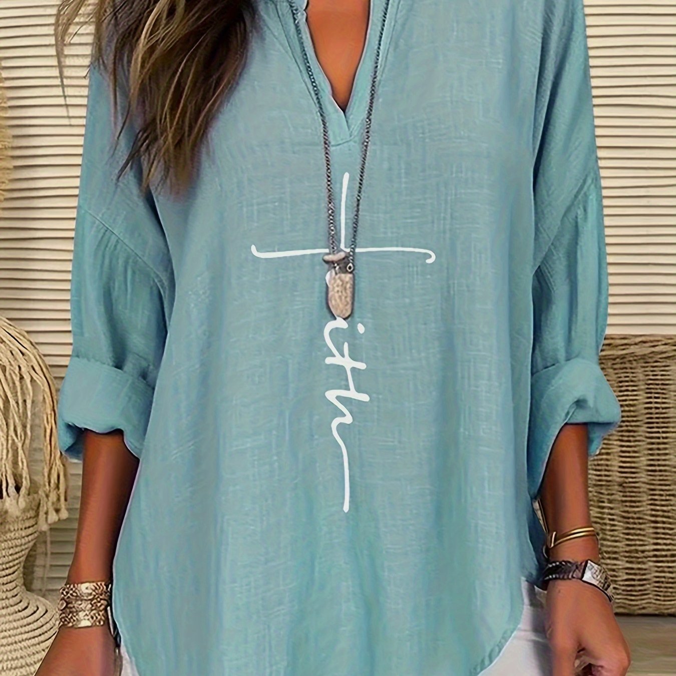 ZllKl Letter Print Notch Neck Blouse, Casual Long Sleeve Blouse For Spring & Fall, Women's Clothing