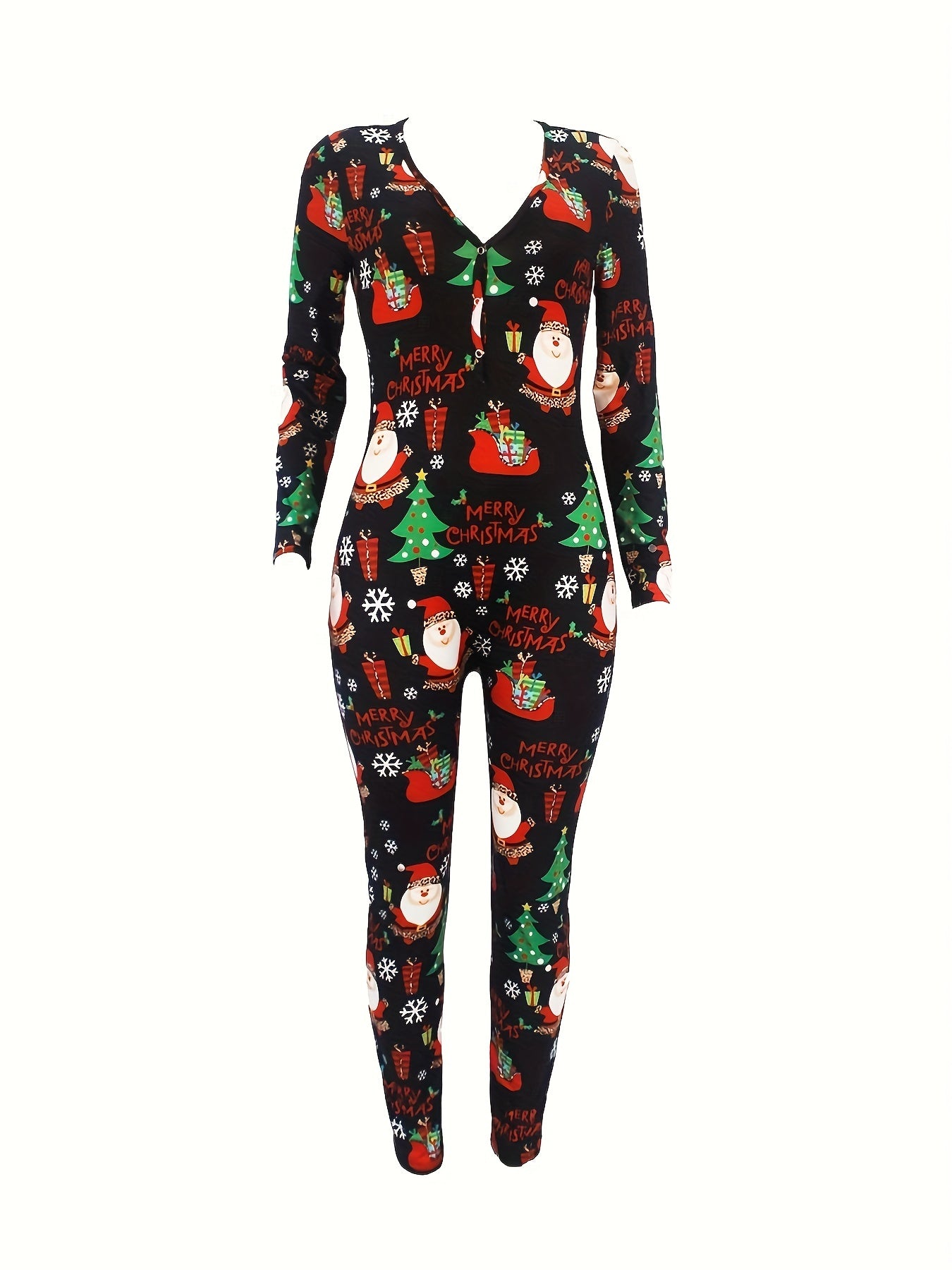 Cozy Festive Lounge Jumpsuit - Soft Long Sleeve, V Neck, Button Front, Relaxed Fit, Comfy Women's Loungewear & Sleepwear for Christmas