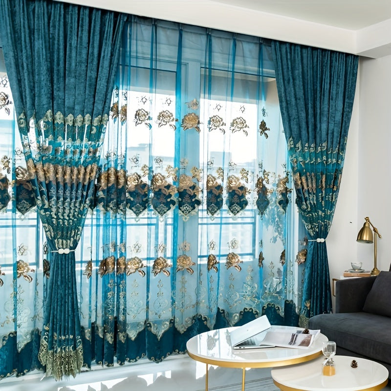 1pc Chenille Hollow Embroidery Curtain, Sunshade Living Room Dining Room Bedroom Blue Curtain, Window Treatment Home Decor