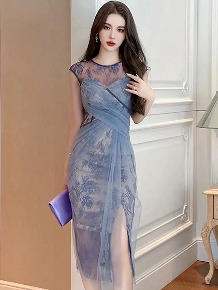 Basic Casual Dresses Women Fashion French Retro Maxi Dress Woman Sheer Mesh Lace Embroidery Skinny Robe Party Vestidos Prom Banquet Gown Femme