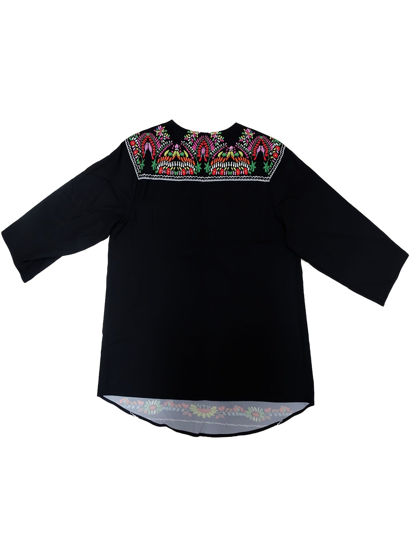 Plus Size Tribal Print Bohemian Chic Long Sleeve Crew Neck Asymmetrical Hem Blouse - Vibrant Random Print, Non-Stretch Polyester Fabric, Casual Woven Shirting for All Seasons - Easy Pullover Design, No Sheer, Long Length, and Relaxed Fit Type H