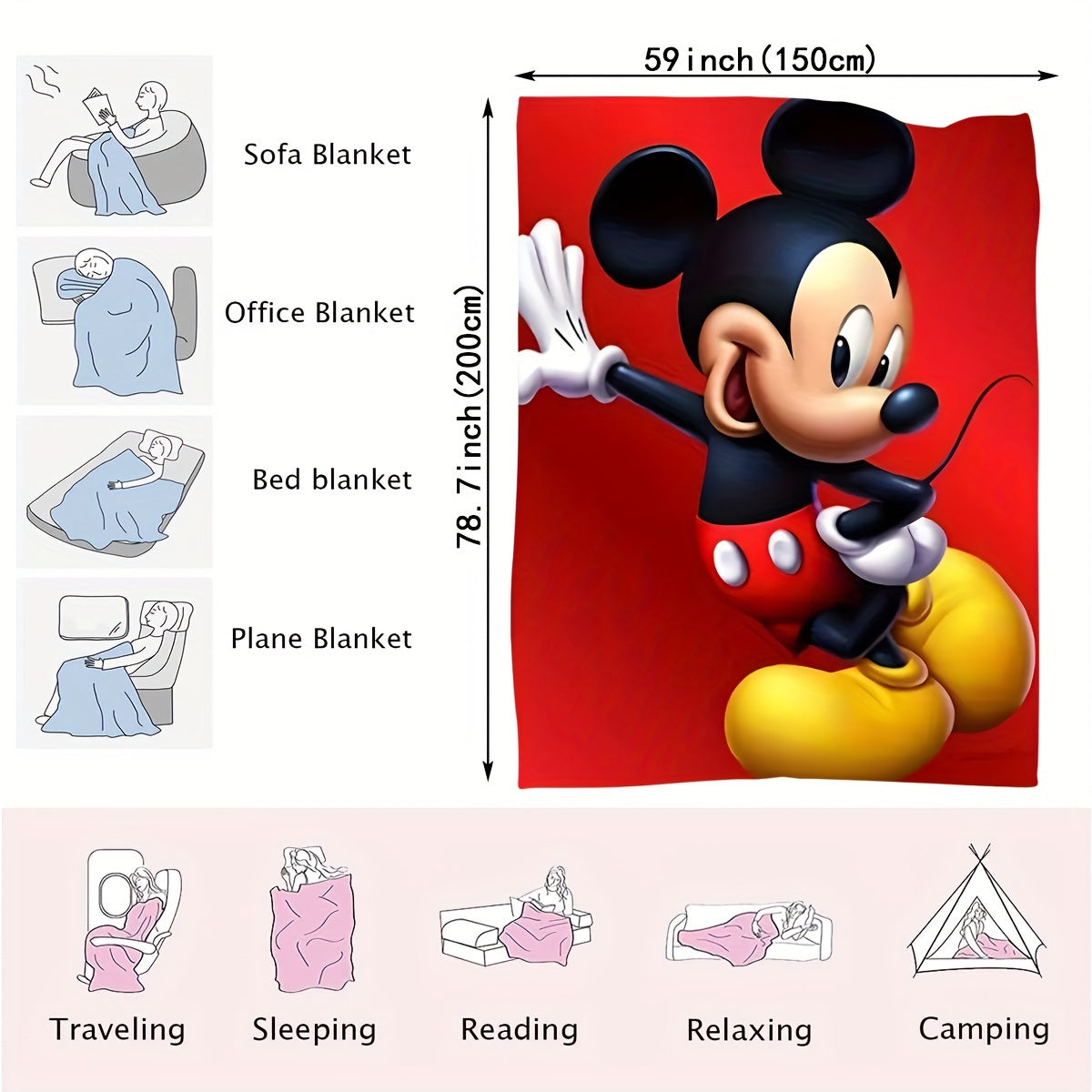 UME Mickey Mouse Flannel Throw Blanket - Soft, Warm & Cozy for Couch, Bed, Travel, Camping | All-Season Comfort