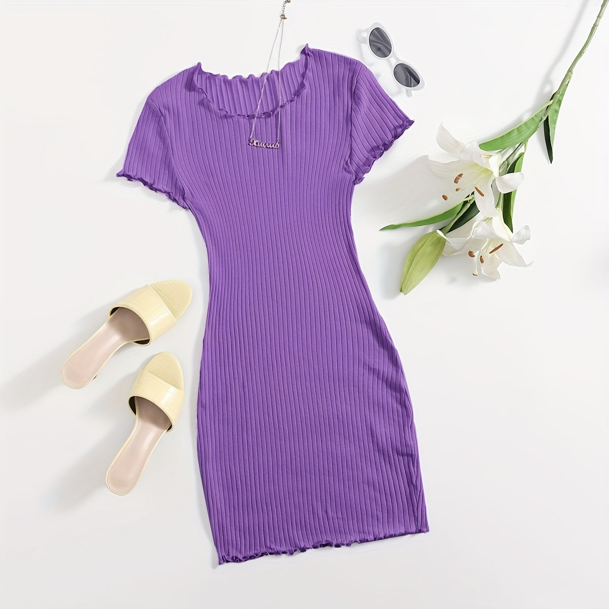Chic Solid Color Lettuce Hem Dress - Flattering Slim Fit, Versatile Crew Neck, Short Sleeve for Spring & Summer - Womens Casual Fashion