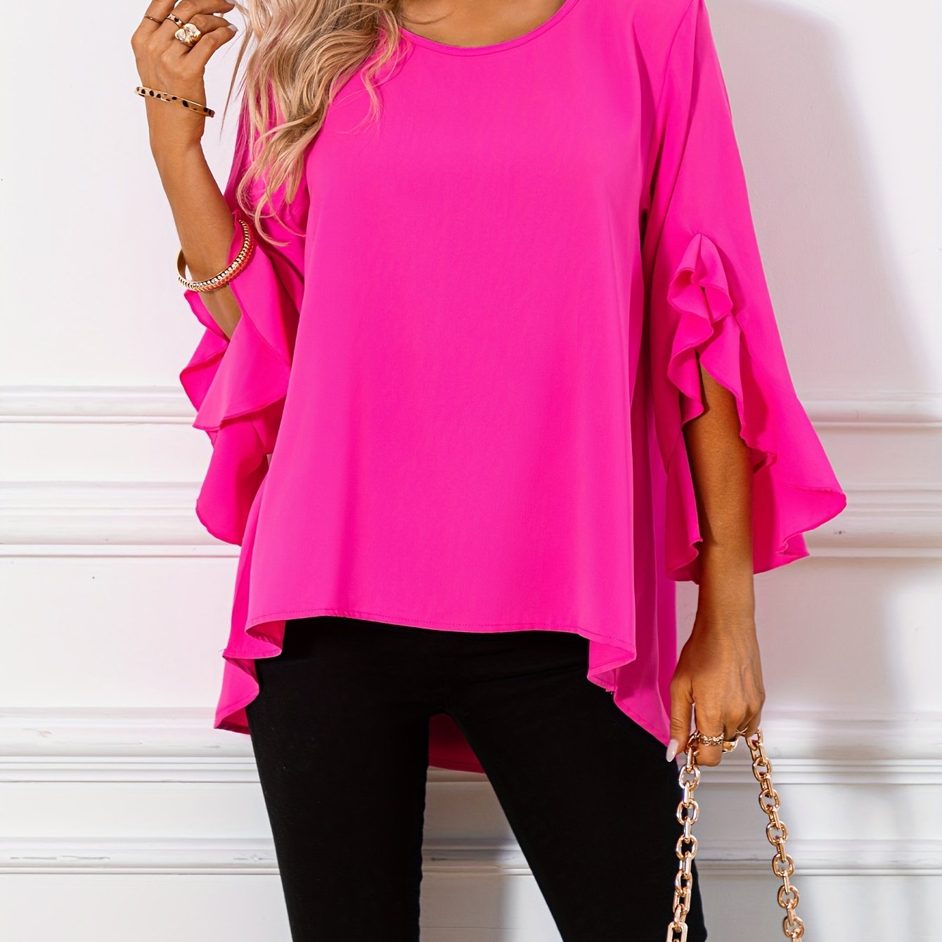 ZllKl Solid Crew Neck Blouse, Casual Ruffle Sleeve Blouse For Spring & Fall, Women's Clothing