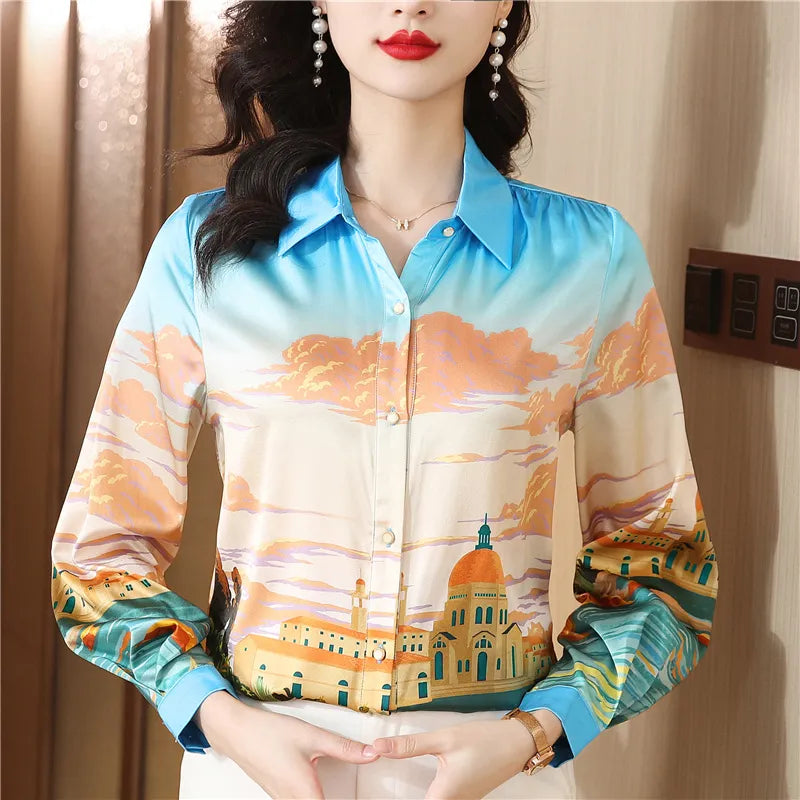 Luxury Designer Print Classic Satin Shirt Plus Size Women Fashion Long Sleeve Button Front Shirts Spring Autumn Ladies Runway Lapel Blouse Elegant Silk Tops