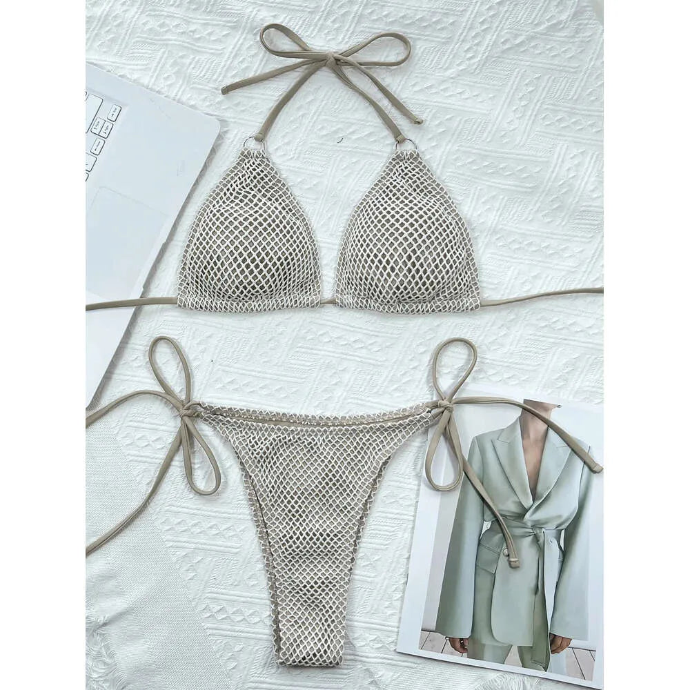 Women Sexy 2 Pieces Suit Knitted Hollow Out Swimsuit Triangle Thong Padded Bikini Halter Lace-up Swimwear Backless Bathing Suits
