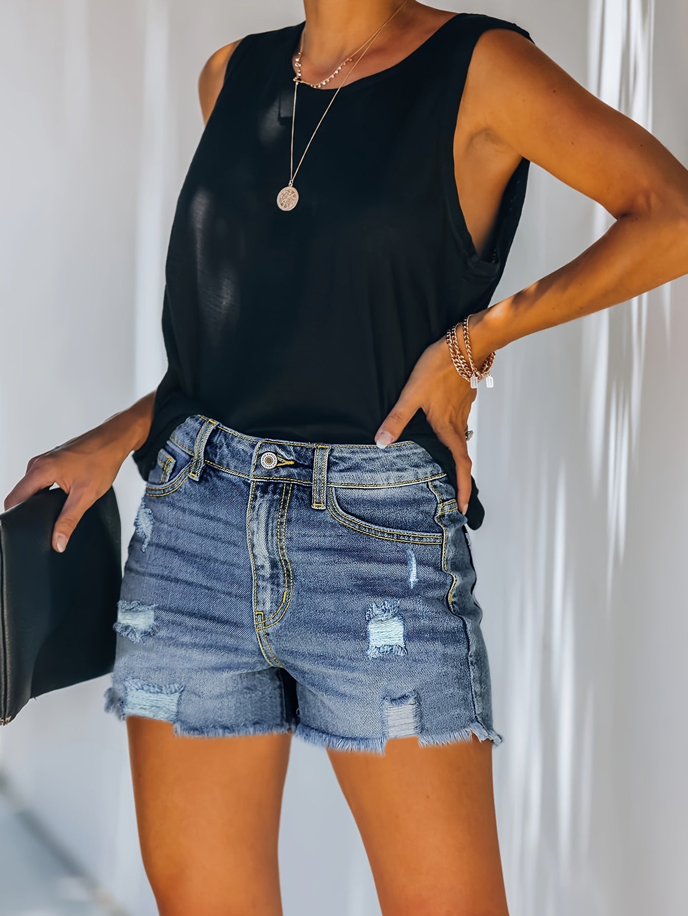 ZllKl Ripped Raw Hem Whiskering Denim Shorts, Stretchy Distressed Slash Pocket Denim Shorts, Women's Denim Jeans & Clothing