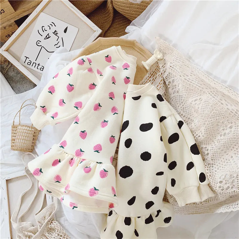 Baby & Kids Clothing Girl's Dresses Winter Fashion Sweet Cute Plush Warm A-line Princess Skirt With Ruffles For Children Clothes Dobby