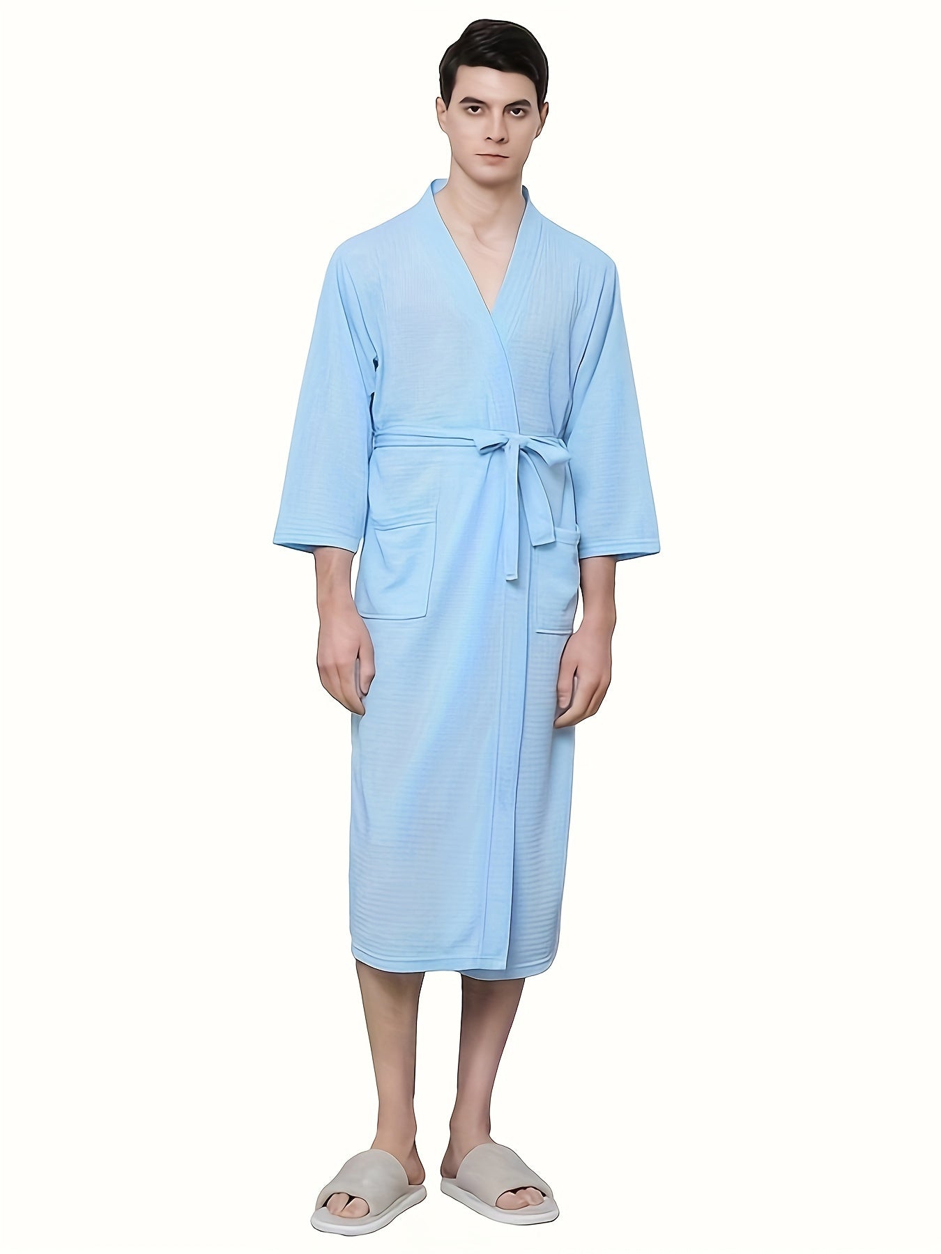 Men's Waffle Bathrobe Japanese Kimono Robe, Vacation Style Comfortable Sleepwear Elegant Style Bathrobe With Belt Spa Home Wears