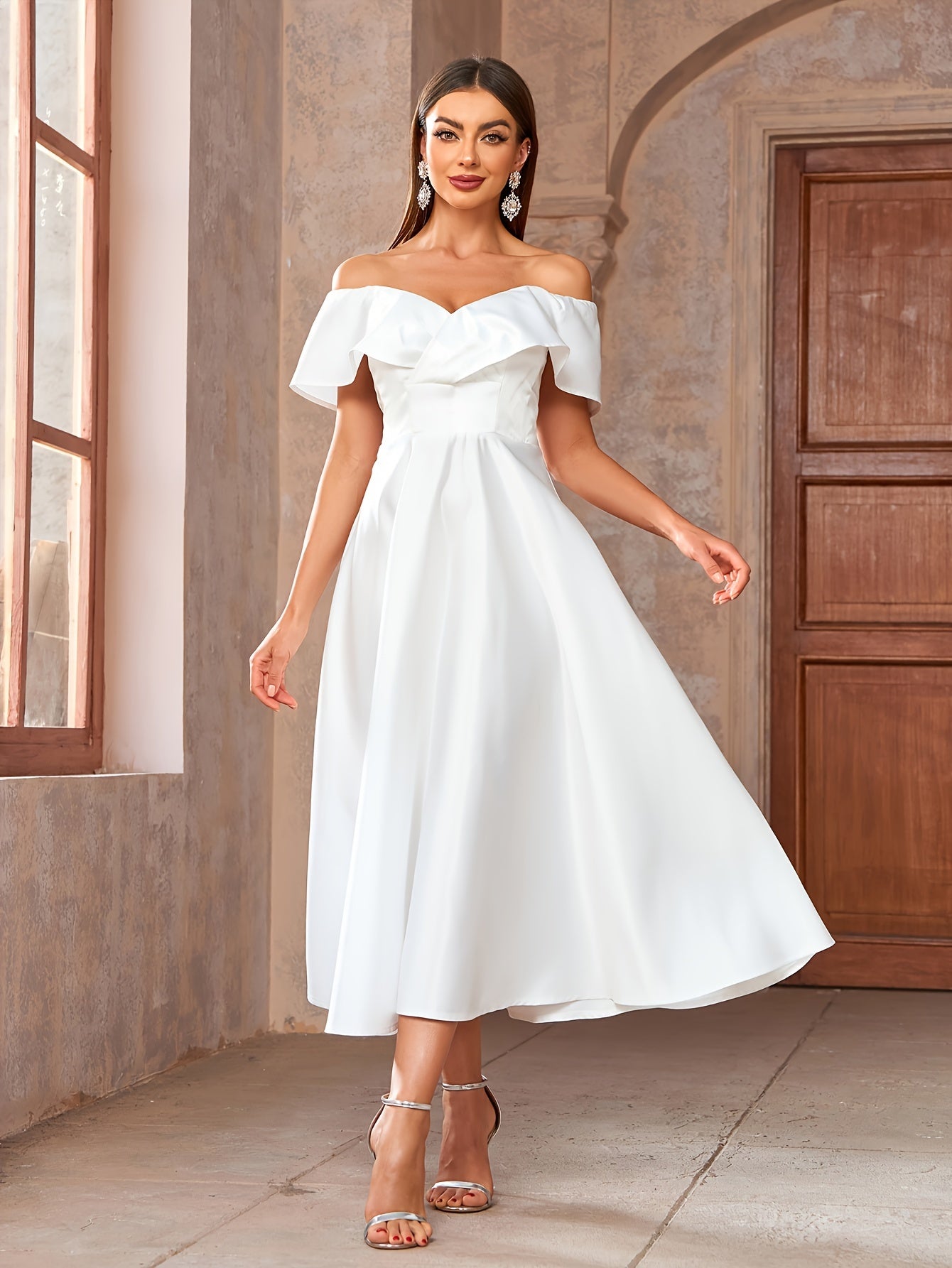 Elegant Off the Shoulder Fit and Flare Dress - Ruffle Trim, Micro Elasticity, Cinched Waist, Solid Color, Woven Polyester Fabric - Hand Wash Only, Perfect for Spring and Summer