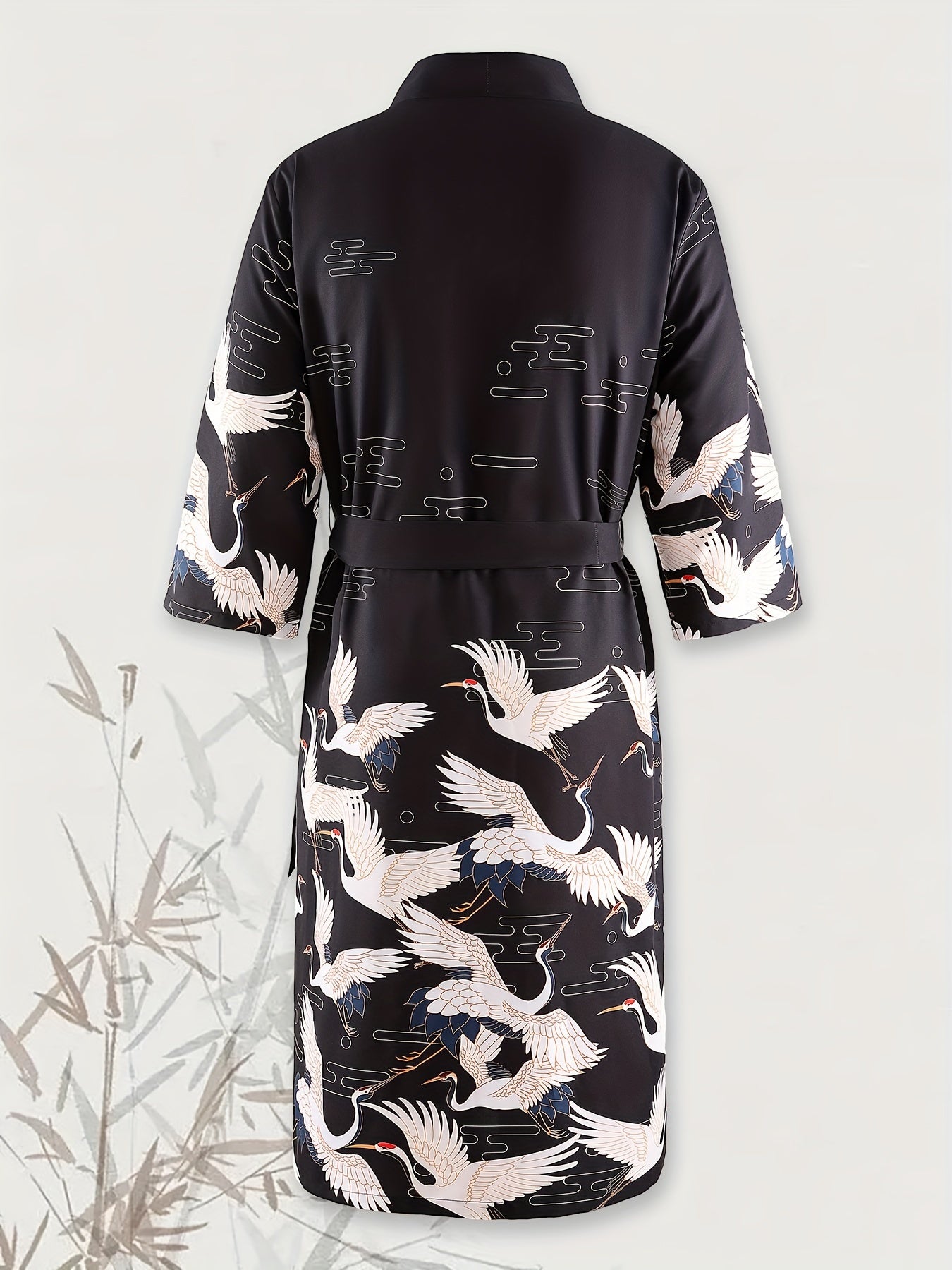 Vintage Crane Print Kimono Robe - Soft & Breathable, Loose-Fitting Lounge Wear - Ideal for Spring & Autumn Mornings