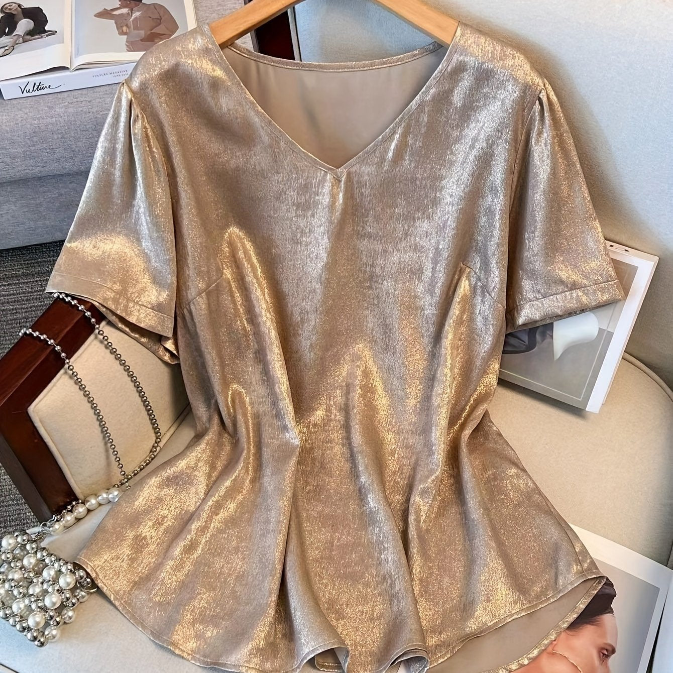 Plus Size V Neck Shiny Metallic Blouse - Comfortable Short Sleeve Casual Top for Spring and Summer - Polyester Non-Stretch Woven Fabric, Solid Color, Middle East Style, Shirting Type, Suitable for All Seasons
