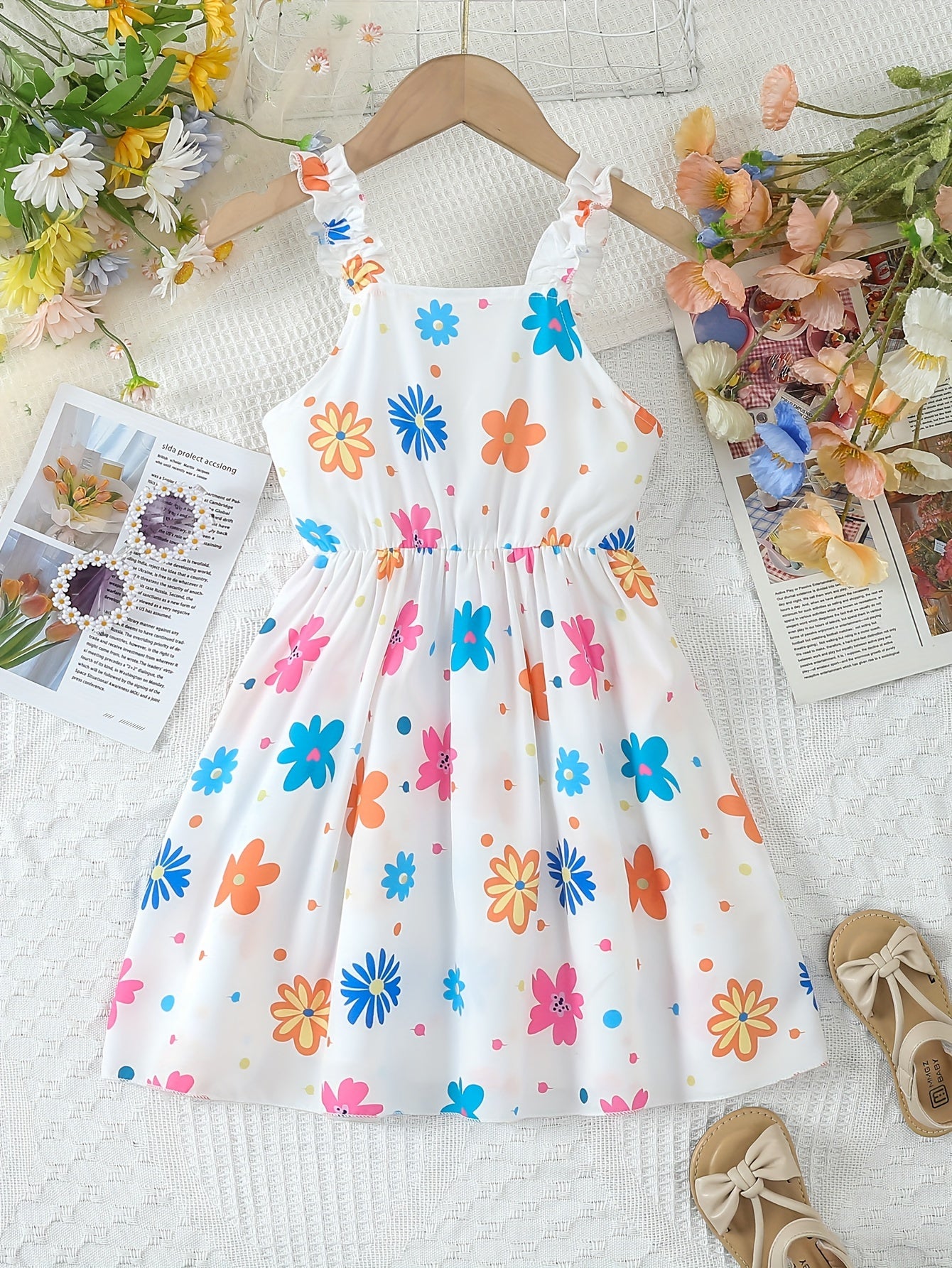 Chic Summer Floral Girls' Dress - Comfortable, Woven Fabric with Ruffle Detail & Playful Suspender Straps