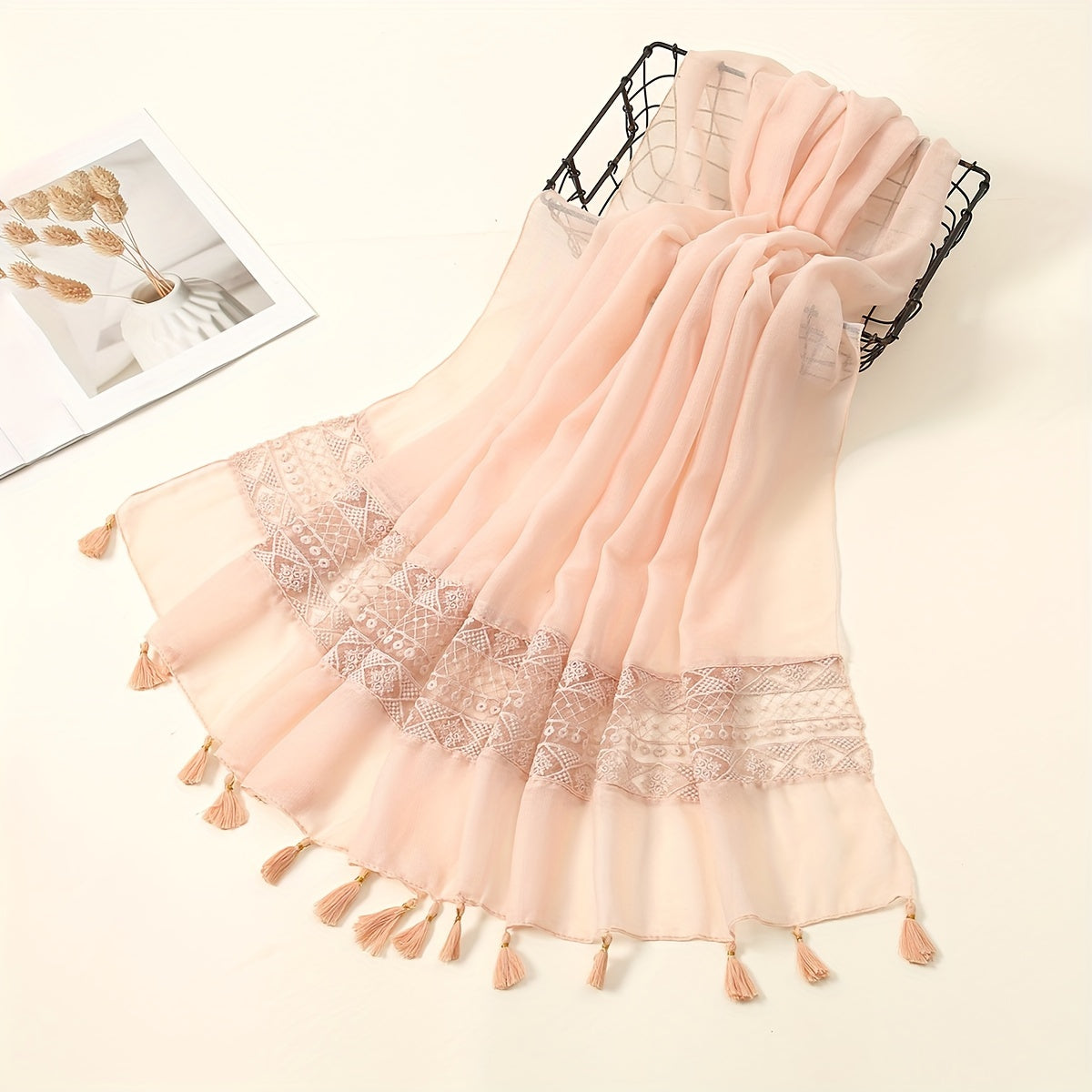 Delicate Embroidered Lace Tassel Scarf - Fashionable & Elegant for Casual Wear - Versatile Cold Weather Accessory, Perfect for Eid Celebrations