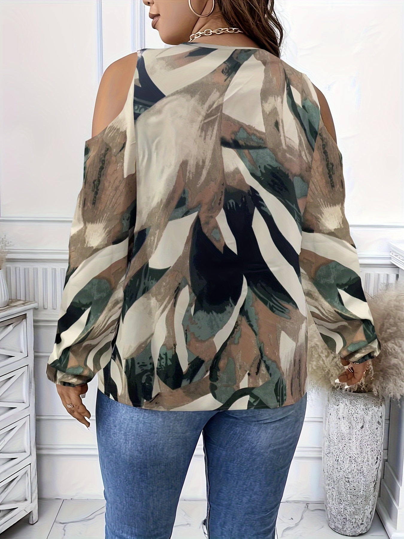 Plus Size Elegant V Neck Long Sleeve Blouse with Zip Front - Cold Shoulder, Non-Stretch Polyester Fabric, Random All Over Print, Perfect for Spring and Fall Seasons