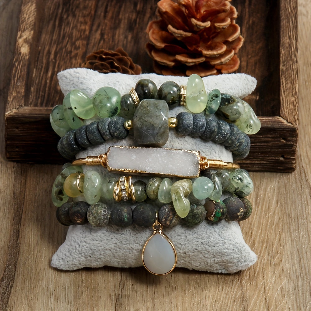 5pc Vintage Charm Boho Beaded Bracelet Set - Effortless Stackable, Elastic Stretch, Handmade Jewelry for Bohemian Style Enthusiasts