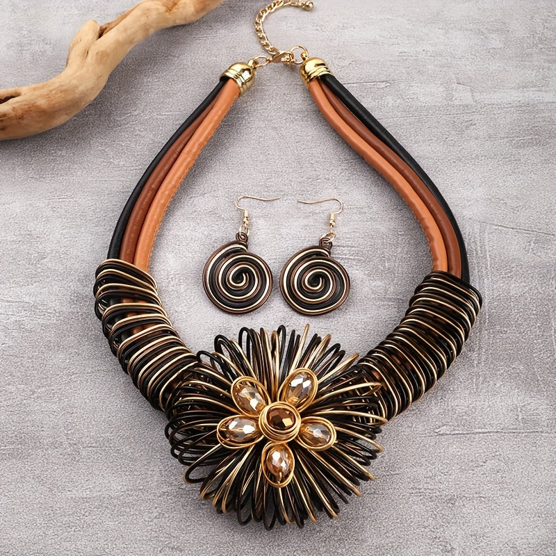 3pcs Earrings Plus Necklace Exaggerated Jewelry Set Colorful Flower Design Stunning Party Accessories Traditional Bridal Accessories