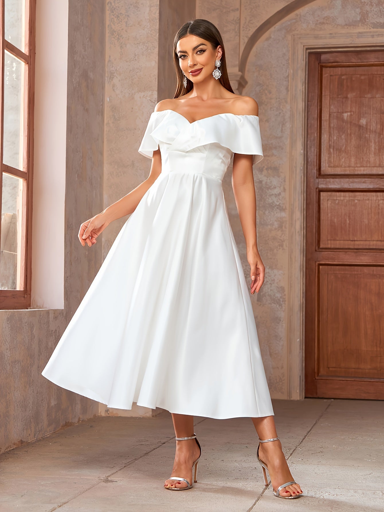 Elegant Off the Shoulder Fit and Flare Dress - Ruffle Trim, Micro Elasticity, Cinched Waist, Solid Color, Woven Polyester Fabric - Hand Wash Only, Perfect for Spring and Summer