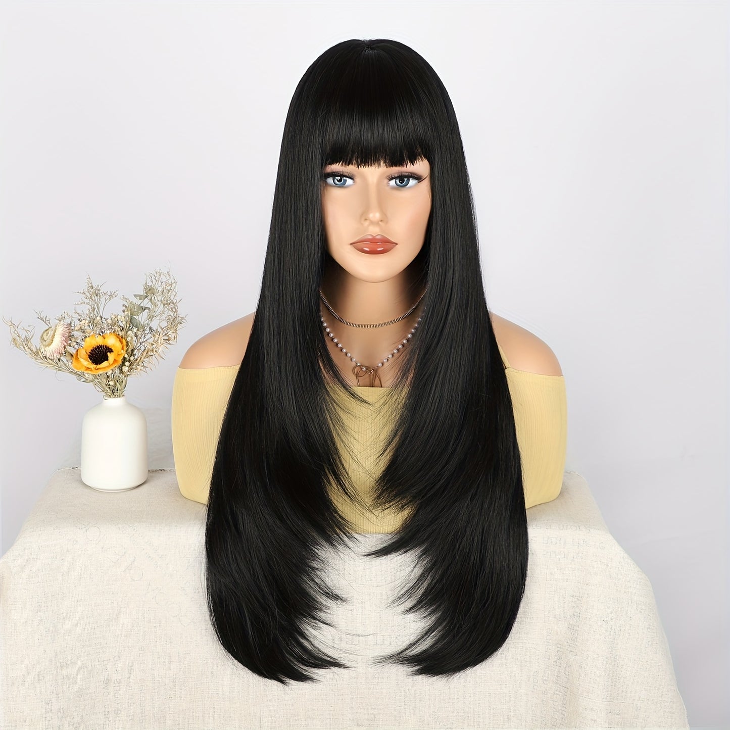28 Inch Long Black Wig with Flattering Bangs - Silky Straight Synthetic Hair for Everyday Glam - Realistic, Easy-to-Style Wigs Designed for Women