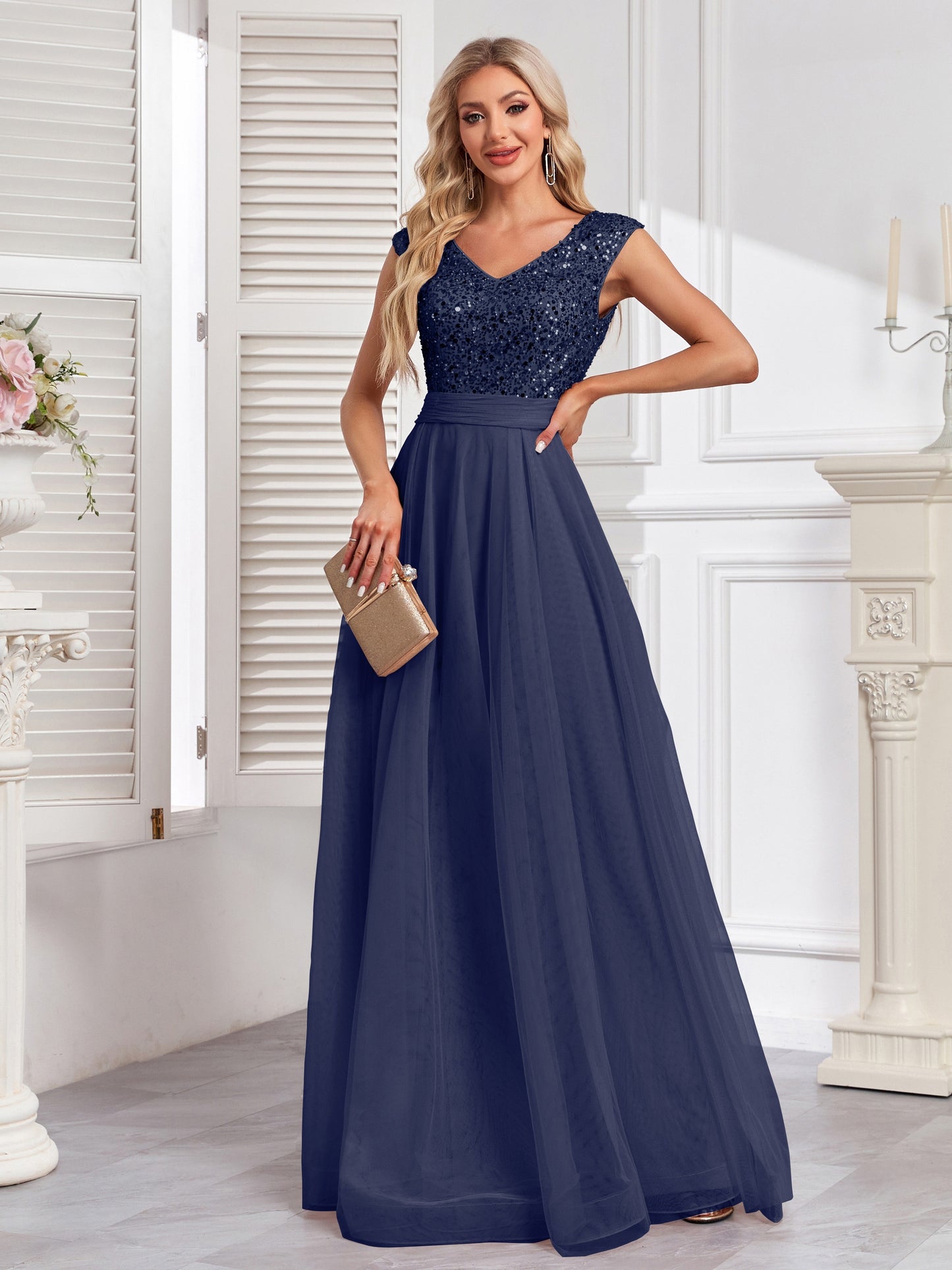 Long Sleeveless Elegant A-line Floor Length Sequin V-neck Formal Dress for Women - Shining Contrast Sequin Details, Micro Elasticity, and Loose Silhouette - Polyester Material, Hand Wash, and Perfect for Party & Banquet