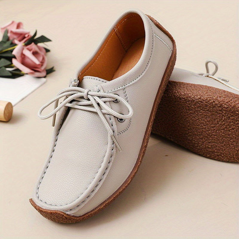 Womens Solid Color Microfiber Synthetic Leather Oxfords - Wear-Resistant, Lightweight, Breathable, Low-Top Lace-Up Flats with Plain Toe - Perfect for Casual, All-Season Wear