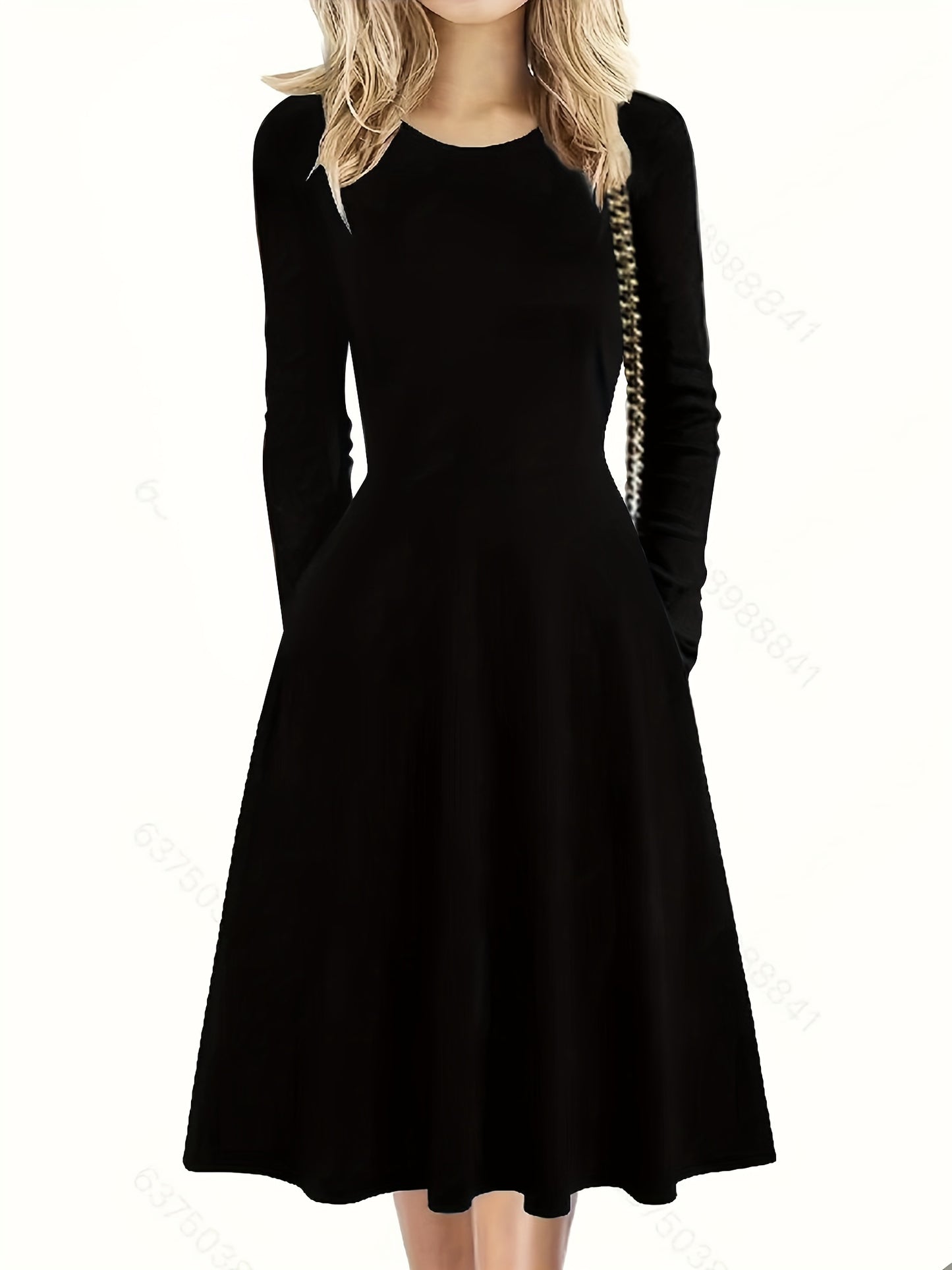 Flare Dress - Cozy Long Sleeves, Effortless Casual Style, Classic Crew Neck, Flattering A-line Silhouette - Perfect for Transitional Seasons, Spring and Fall, Designed Exclusively for Women