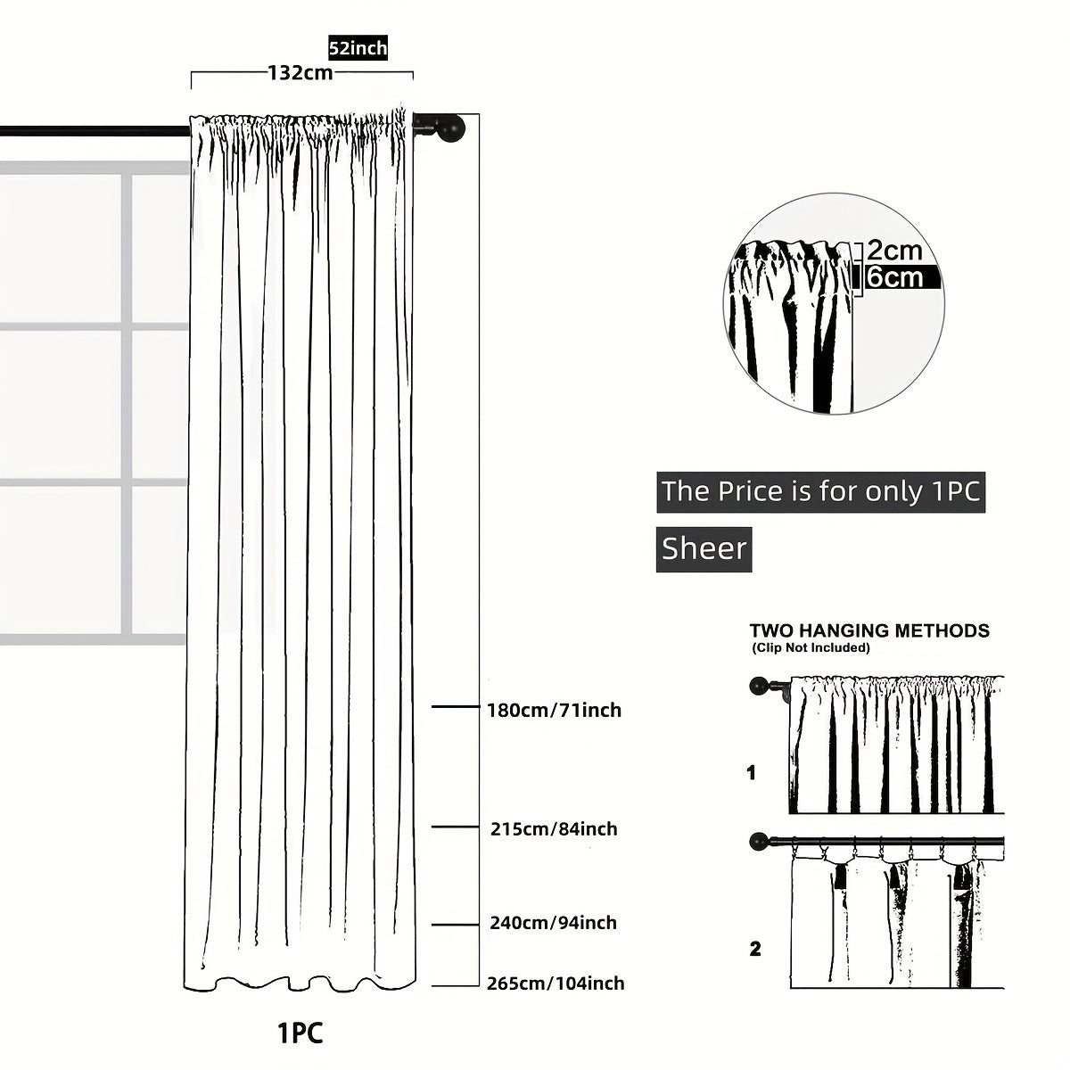1-Panel Solid Color French Sheer Curtain - Elegant Rod Pocket Design, Light-Filtering, Balcony and Living Room Ready - Easy Installation, Bedroom and Floating Window Decoration Ideal