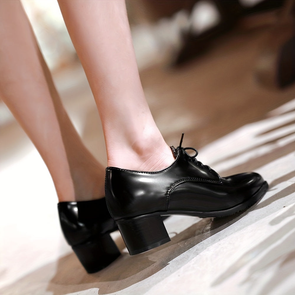 Stylish Womens Chunky Mid Heel Shoes - Pointed Toe, Lace Up, Faux Leather, Solid Color, Versatile Office Pumps for Fall Season