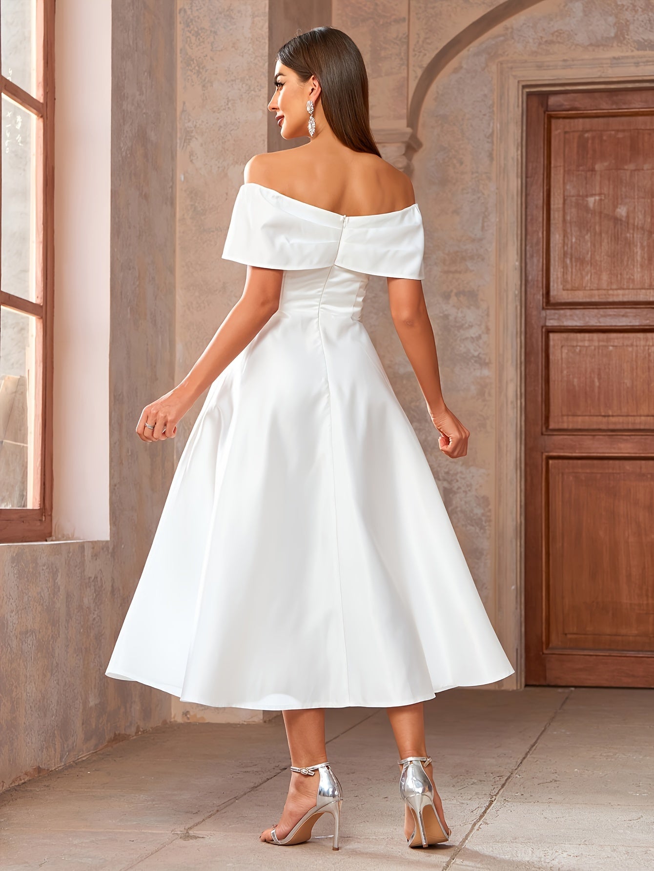 Elegant Off the Shoulder Fit and Flare Dress - Ruffle Trim, Micro Elasticity, Cinched Waist, Solid Color, Woven Polyester Fabric - Hand Wash Only, Perfect for Spring and Summer