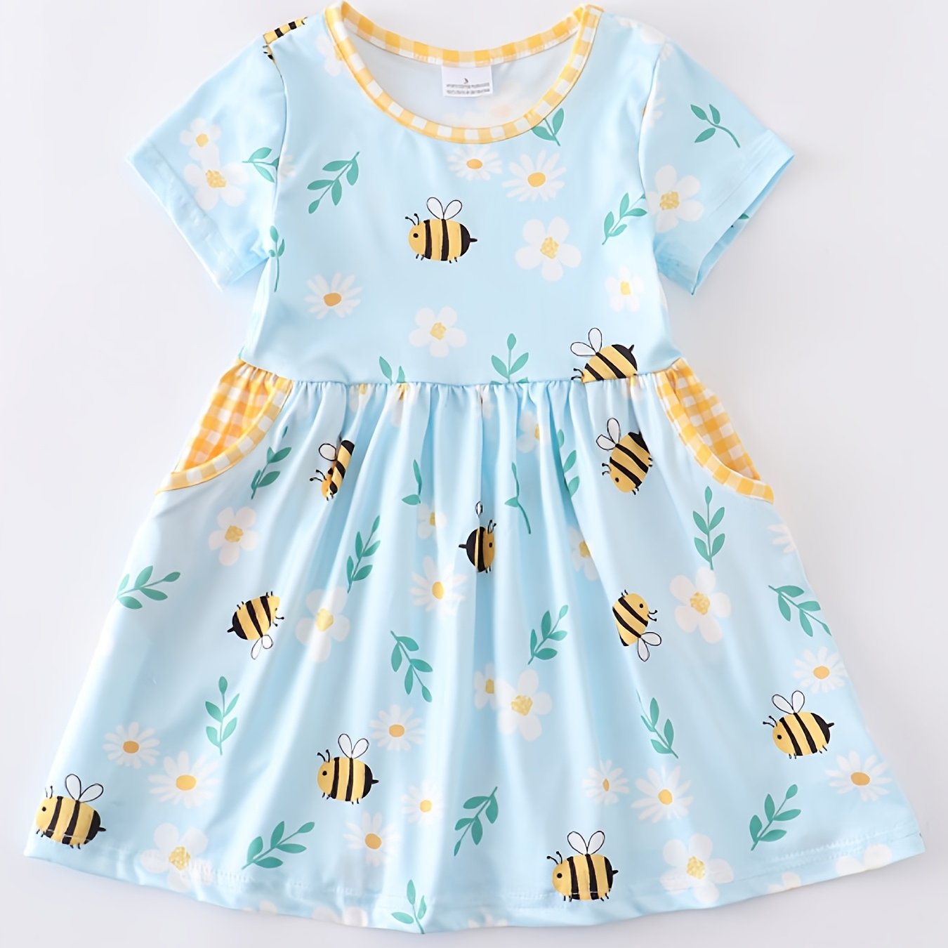 Adorable Girls Bee-Graced Floral Print Dress - Casual Round Neck with Handy Pockets for Everyday Stylish Comfort