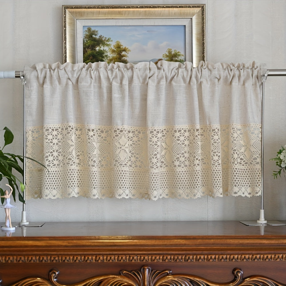 1pc Vintage Half Curtain - Crochet Hollow Short Curtain with Cotton Linen Splicing, Rod Pocket Top, Perfect for Small Window, Restaurant, Kitchen, Cafe, Living Room, Office, and Home Decor