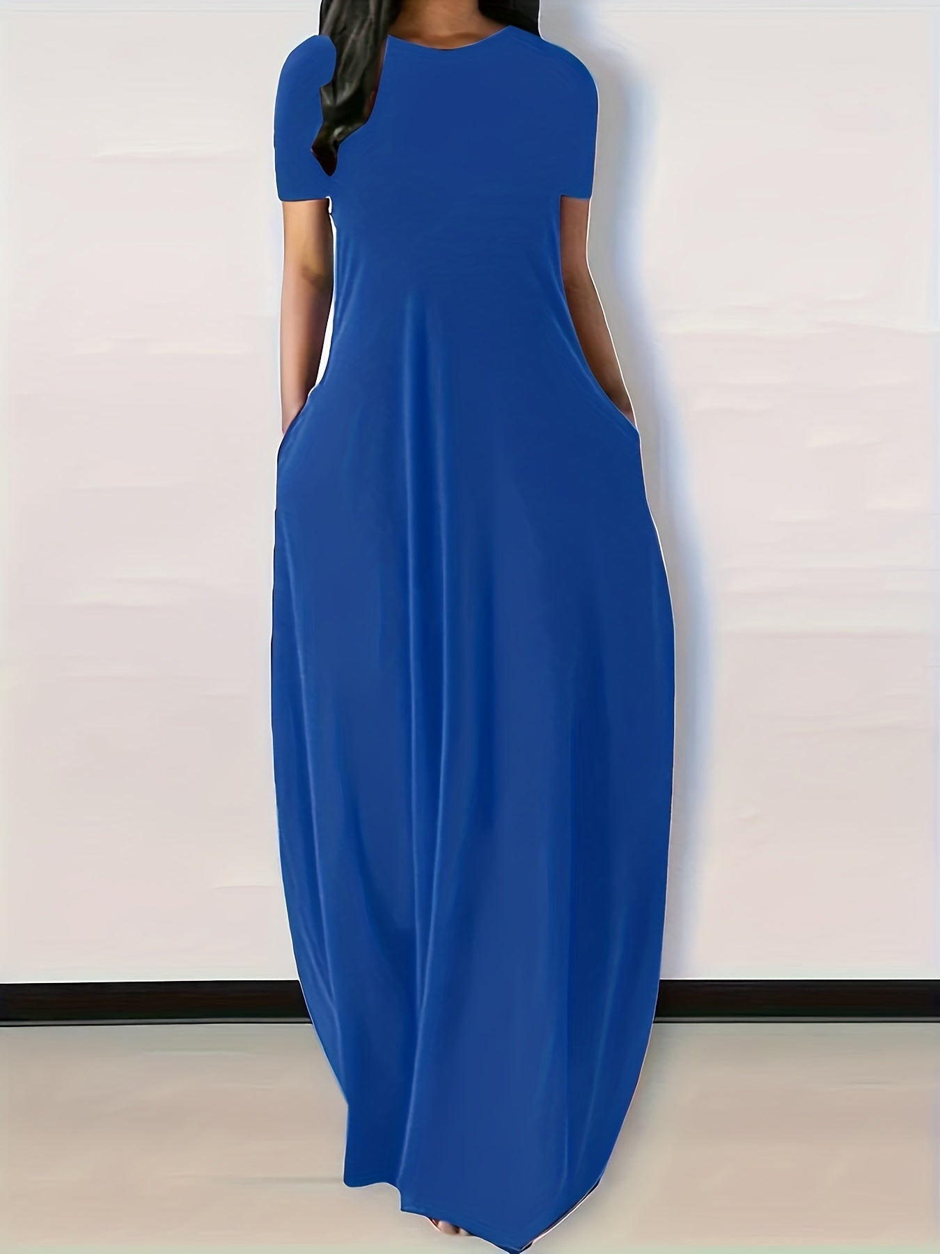 Plus Size Womens Casual Maxi Dress - Flattering Solid Color, Comfortable Round Neck, Flowy Loose Fit with Handy Pockets, Short Sleeves