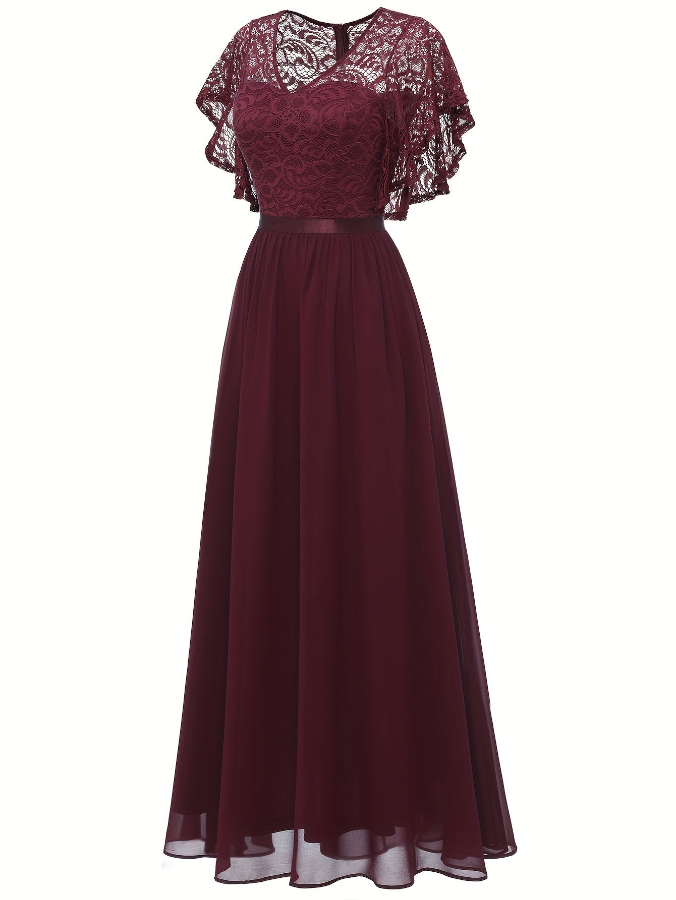 Stunning Lace Splicing V-Neck Bridesmaid Dress - Elegant Ruffle Sleeve, A-Line Floor Length, Perfect for Wedding Party - Womens Formal Clothing for Special Occasions