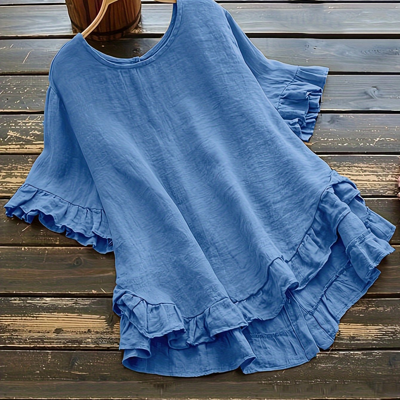 ZllKl Solid Button Back Ruffled Trim Blouse, Casual Short Sleeve Blouse For Spring & Summer, Women's Clothing