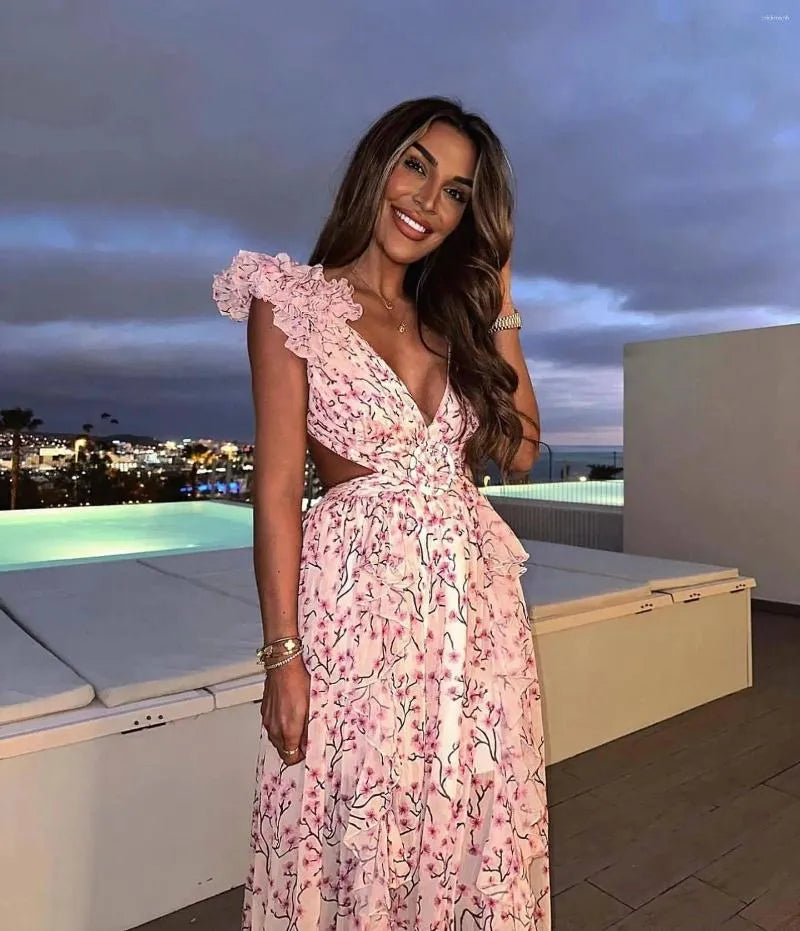Casual Dresses Women Summer Floral Holiday Dress Elegant Sleeveless V Neck Cut Out Appliques Long High Street Going Party