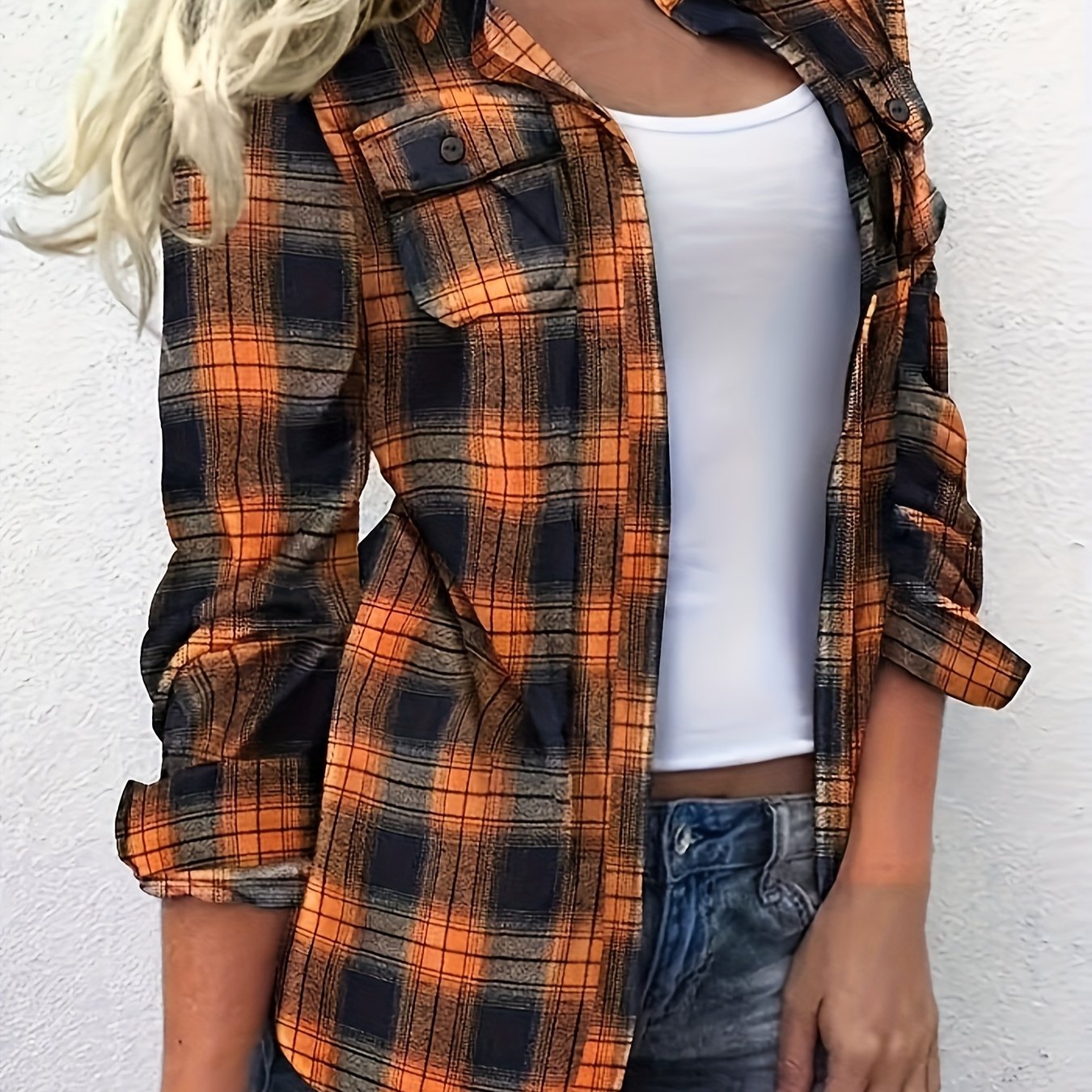 Plus Size Colorblock Plaid Shirt - Relaxed-Fit Casual Long Sleeve Button Front Shirt for Everyday Wear - Designed for Womens Plus Size Clothing