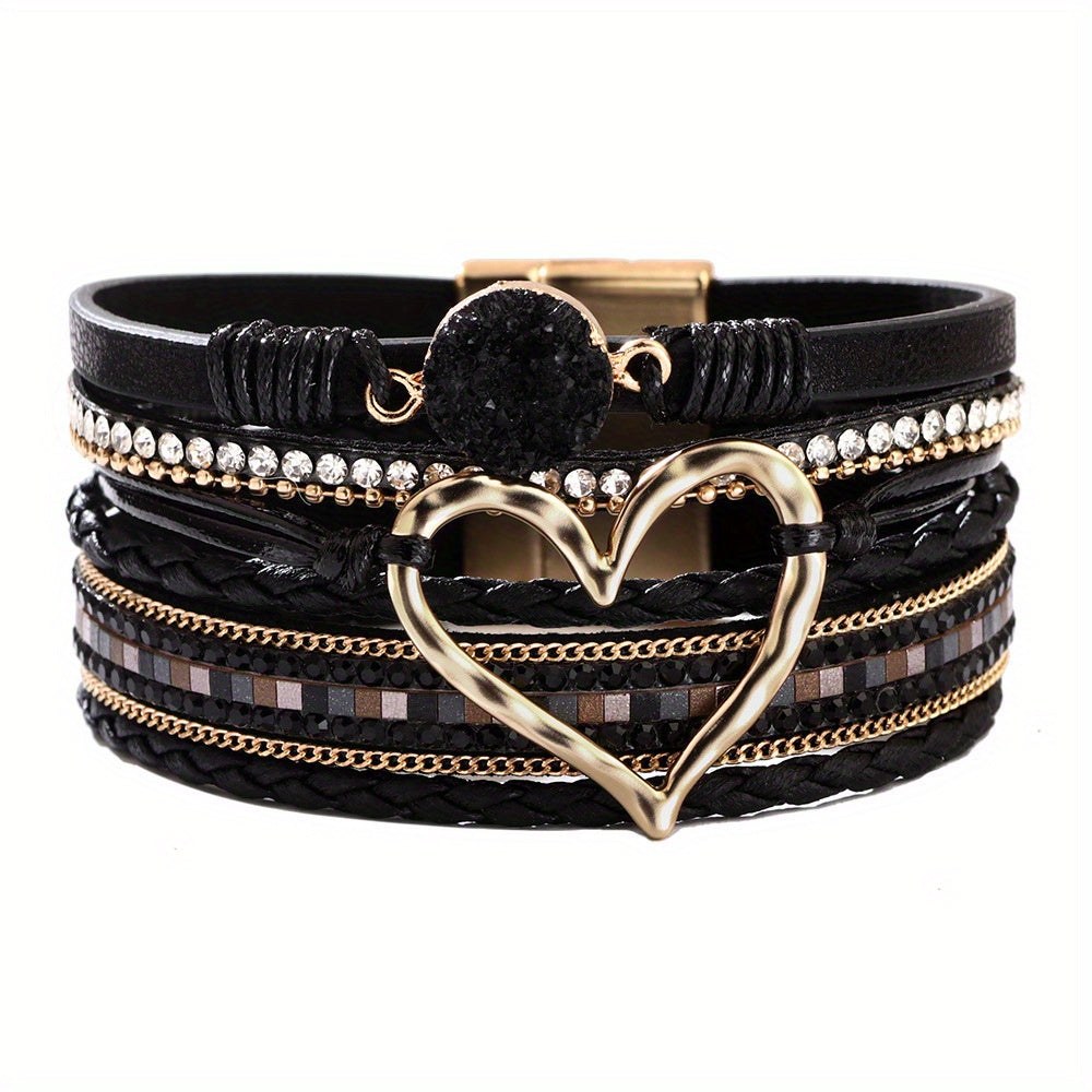 Trendy Bohemian Multilayer Bangle Bracelet - Handcrafted PU Leather with Golden Big Love Charm - Adjustable, Durable & Stylish - Perfect Boho Chic Accessory for Ladies